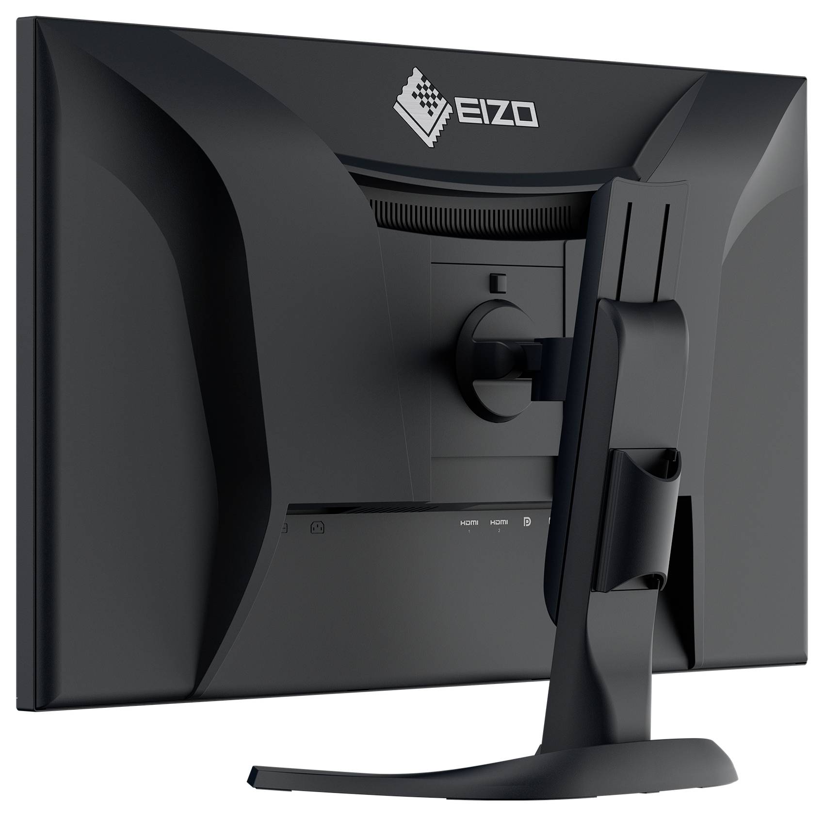 Zadní pohled na stolní monitor EIZO zobrazující podstavec, správu kabelů a nastavitelný montážní držák.