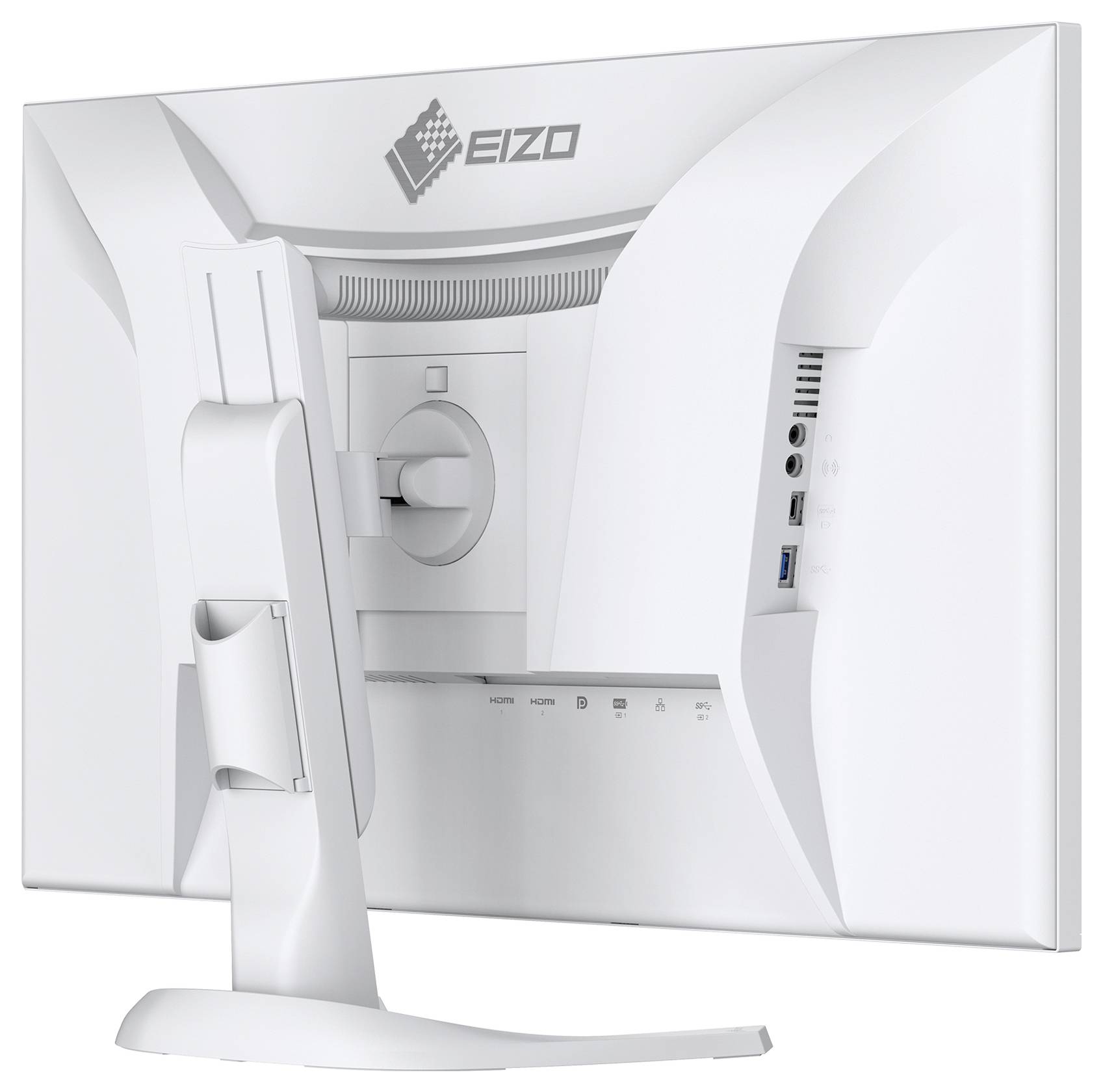 Zadní pohled na bílý počítačový monitor EIZO na stojanu, ukazující nastavitelnou montáž, otvory pro ventilaci a boční porty.