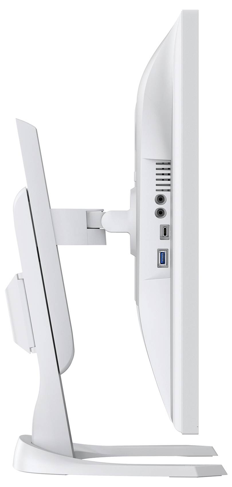 Boční pohled na All-in-One stolní počítač na stojanu, ukazující obrazovku a zadní porty vstupu/výstupu včetně portů USB a audio konektorů.
