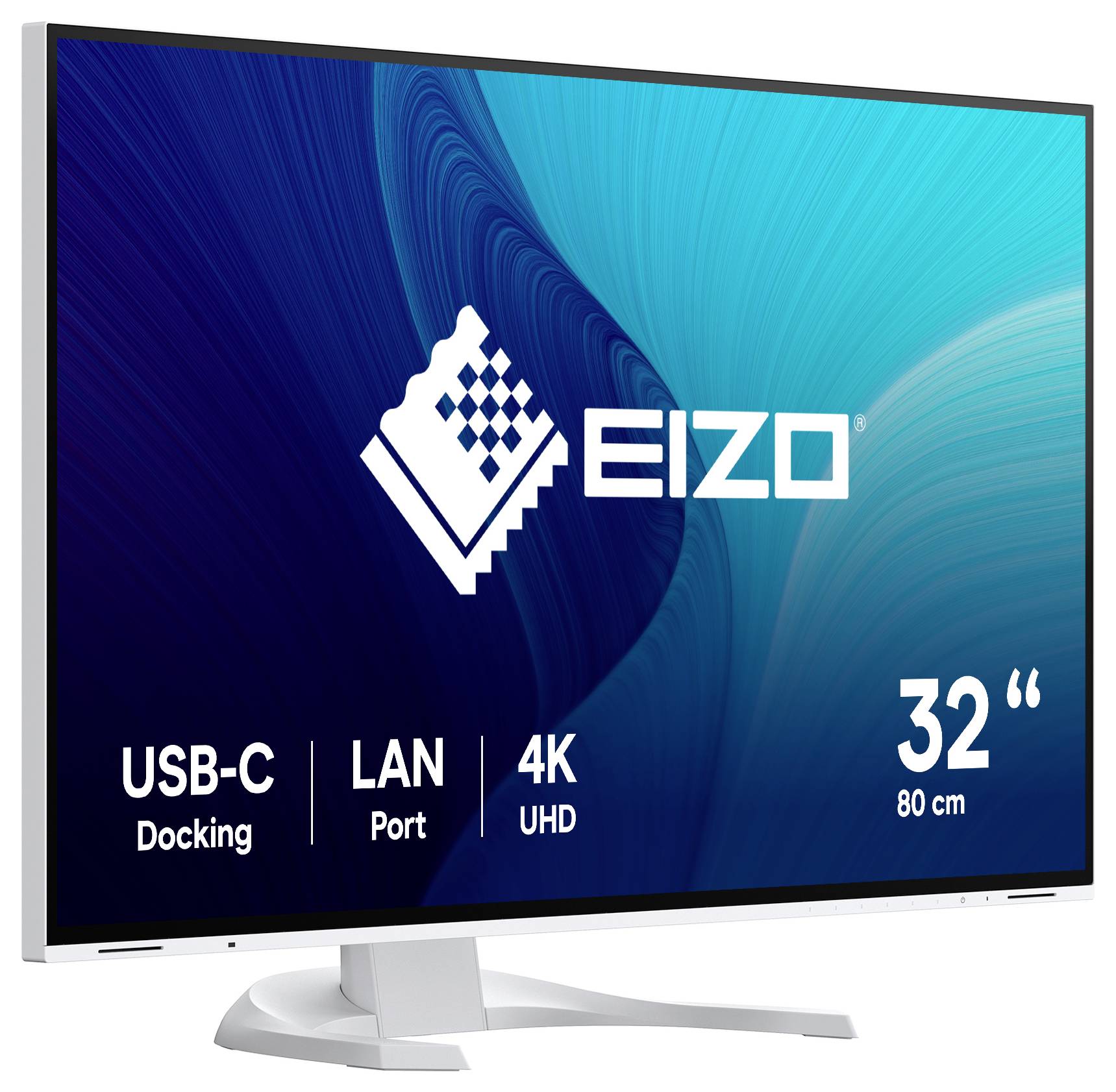 Produktový obrázek monitoru EIZO 32 palců 4K UHD s funkcemi USB-C dockingu a portu LAN zobrazenými na obrazovce.