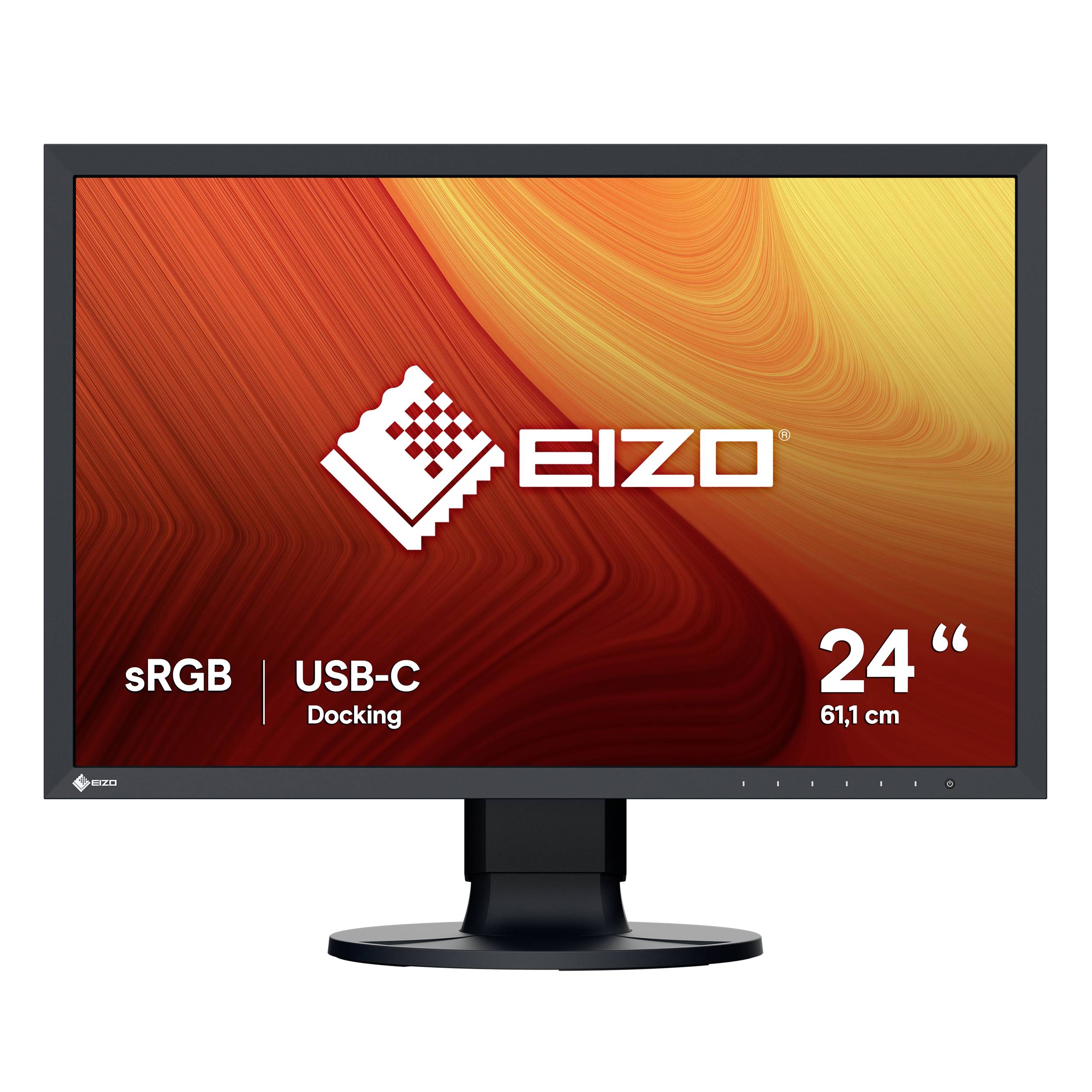 EIZO 24palcový monitor s červeno-oranžovým displejem, označený sRGB a USB-C Docking, na stojanu.