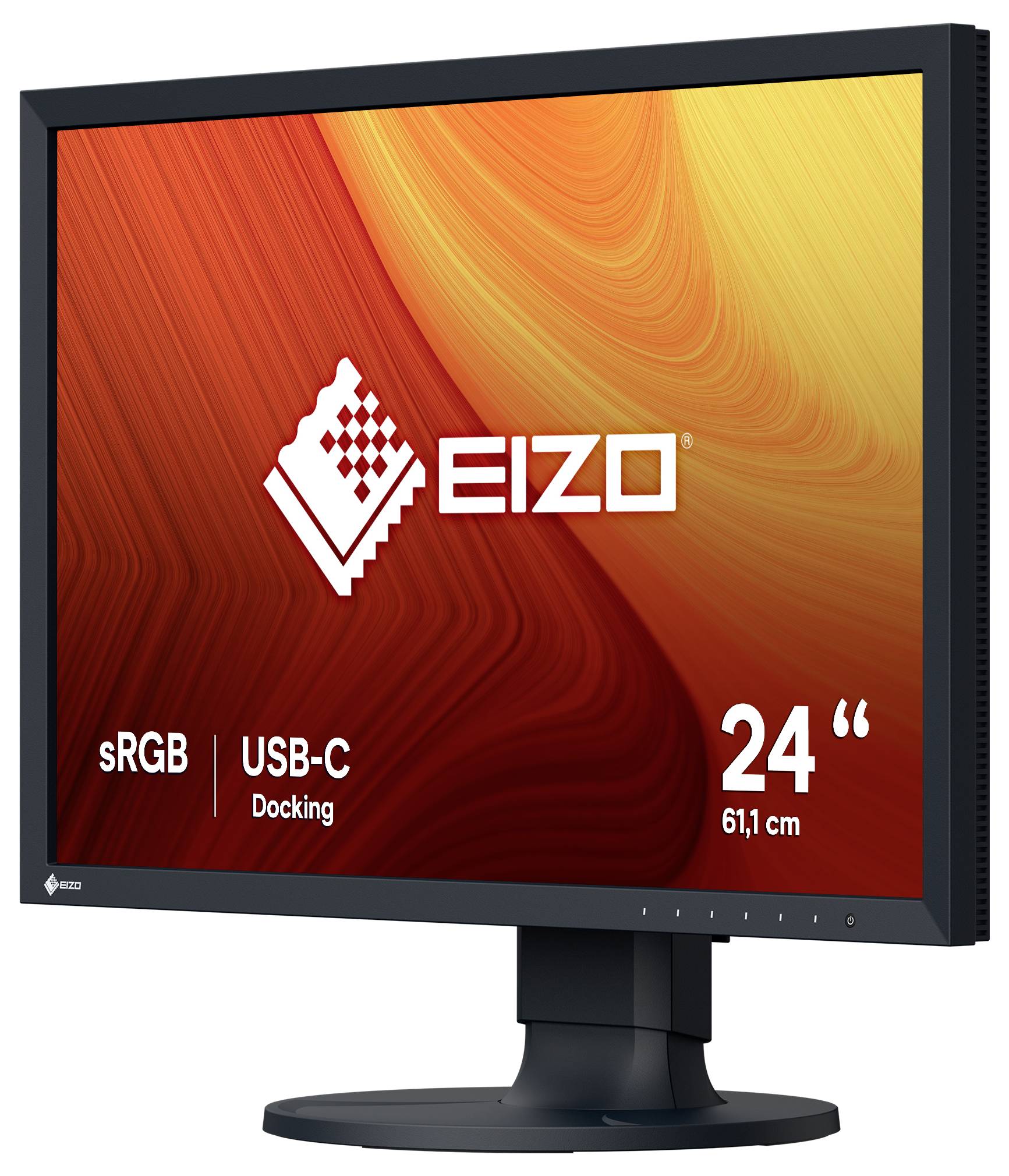 EIZO 24palcový USB-C dokingový monitor s podporou sRGB, zobrazený na stojanu před bílým pozadím.