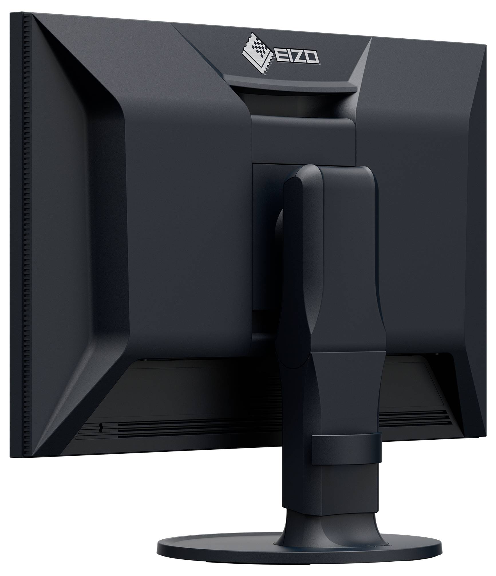 Pohled zezadu na počítačový monitor EIZO na stojanu, ukazující zadní panel a nastavitelné upevnění.