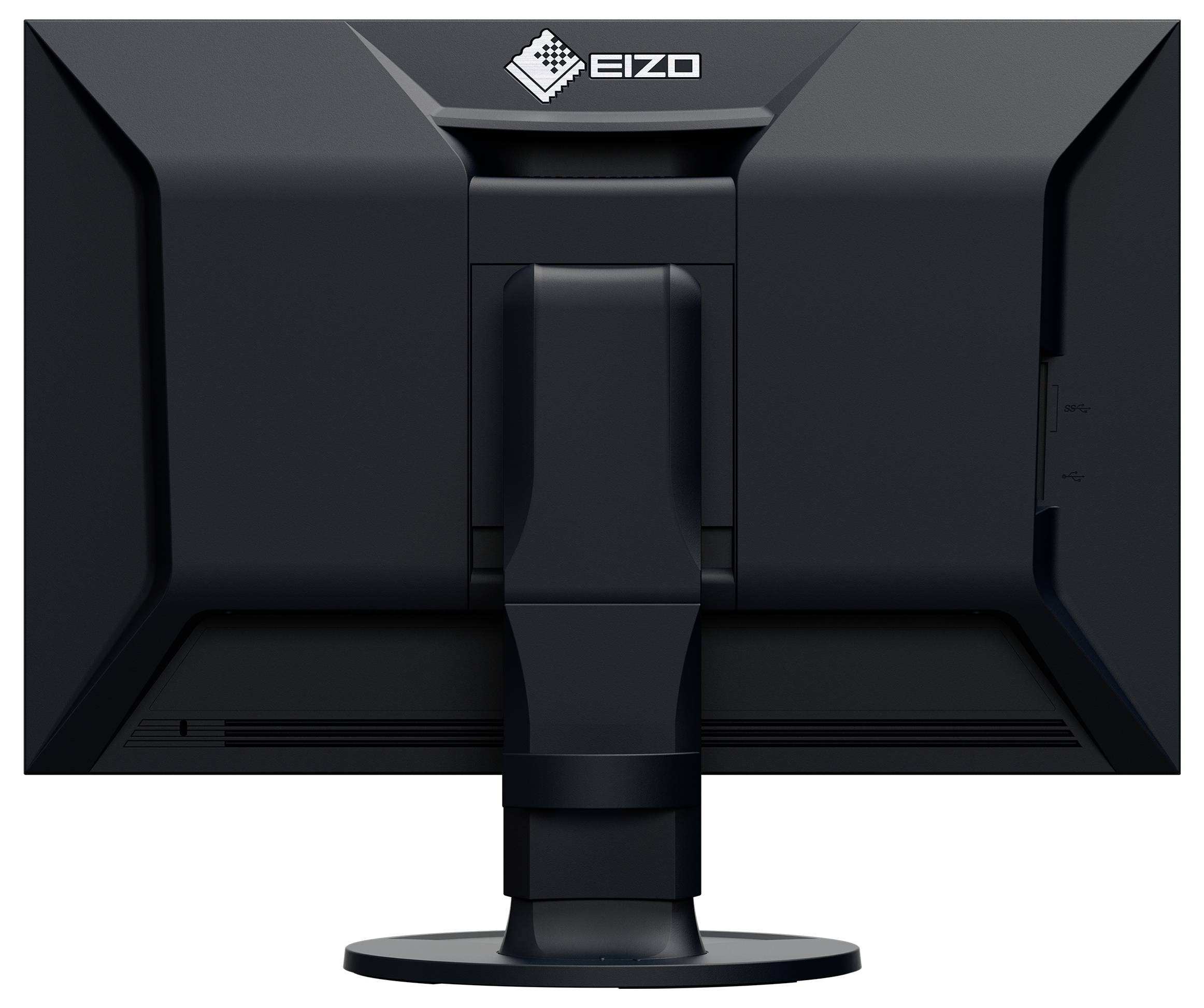Zadní pohled na černý počítačový monitor EIZO na stojanu, zobrazující logo a oblast správy kabelů.