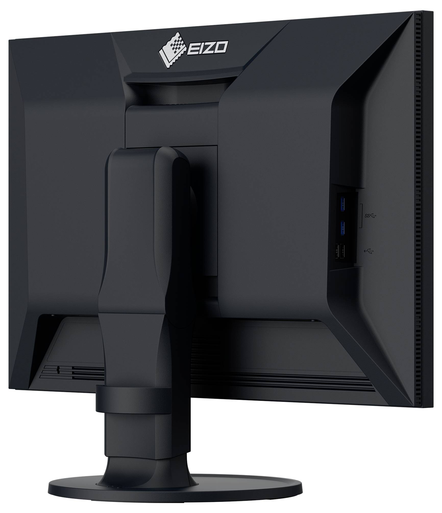 Zadní pohled na černý počítačový monitor EIZO s nastavitelným stojanem a bočními porty USB na bílém pozadí.