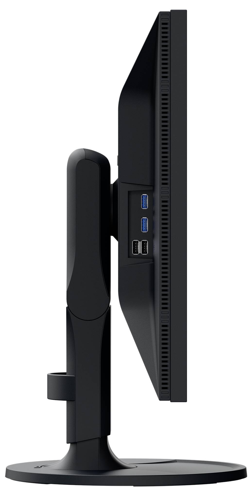 Boční pohled na černý plochý počítačový monitor na stojanu, na jehož zadní straně jsou viditelné dva porty USB a dva menší porty.