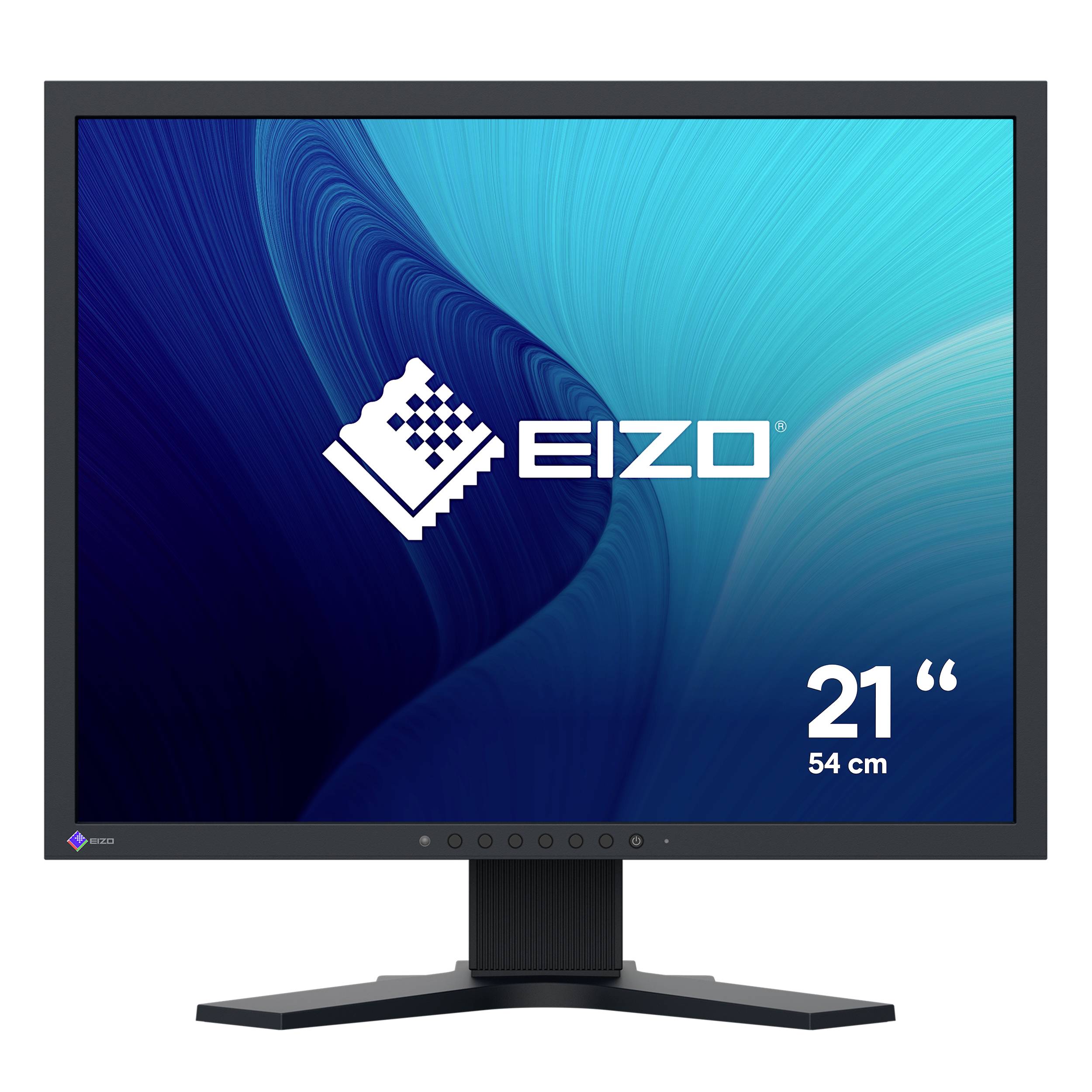 EIZO 21palcový monitor s modrou abstraktní obrazovkou a štítkem velikosti „54 cm" na stojanu.