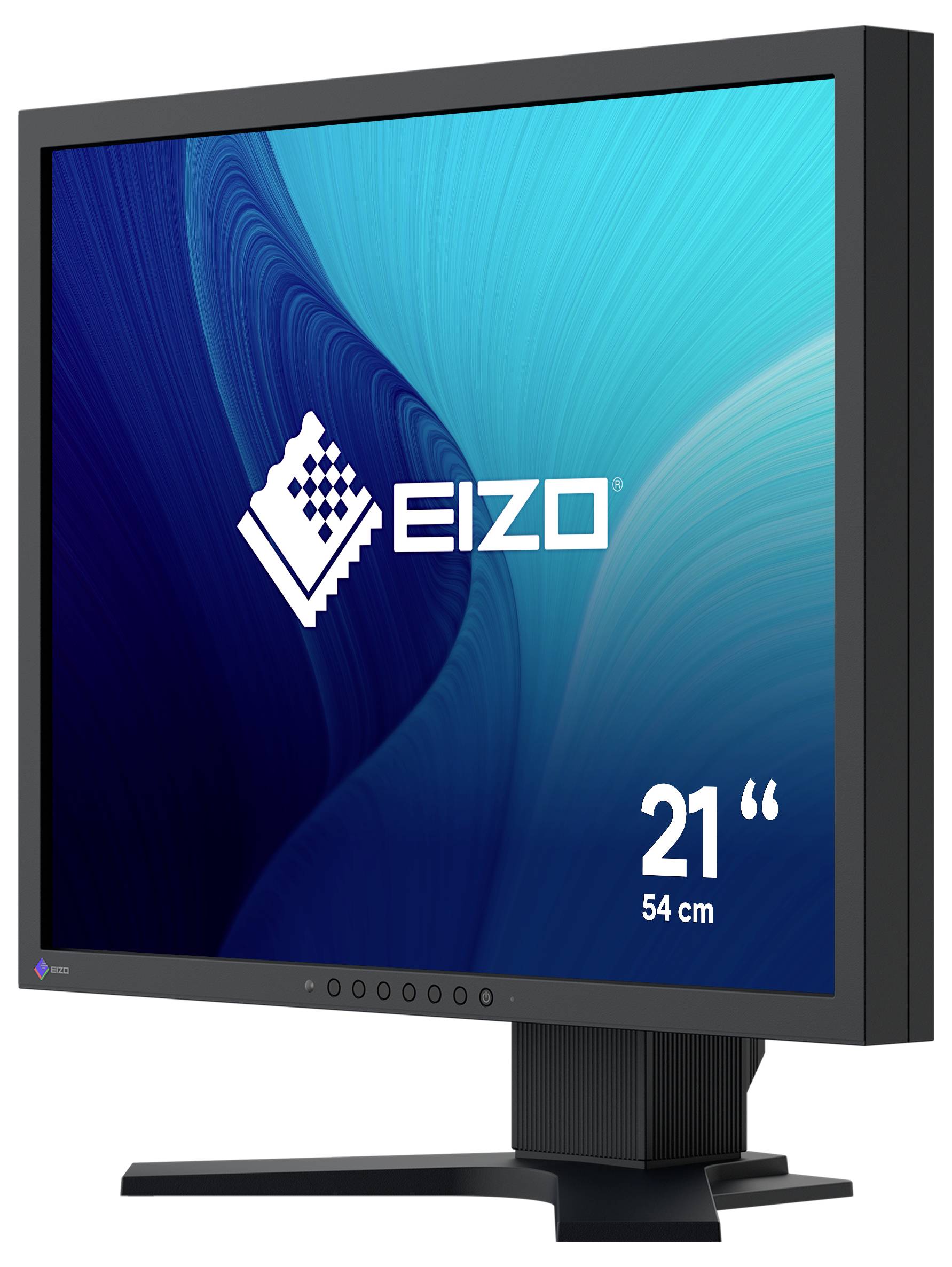 EIZO 21palcový, 54 cm počítačový monitor zobrazený v obrázku stylu balení produktu s logem na modrém displeji.