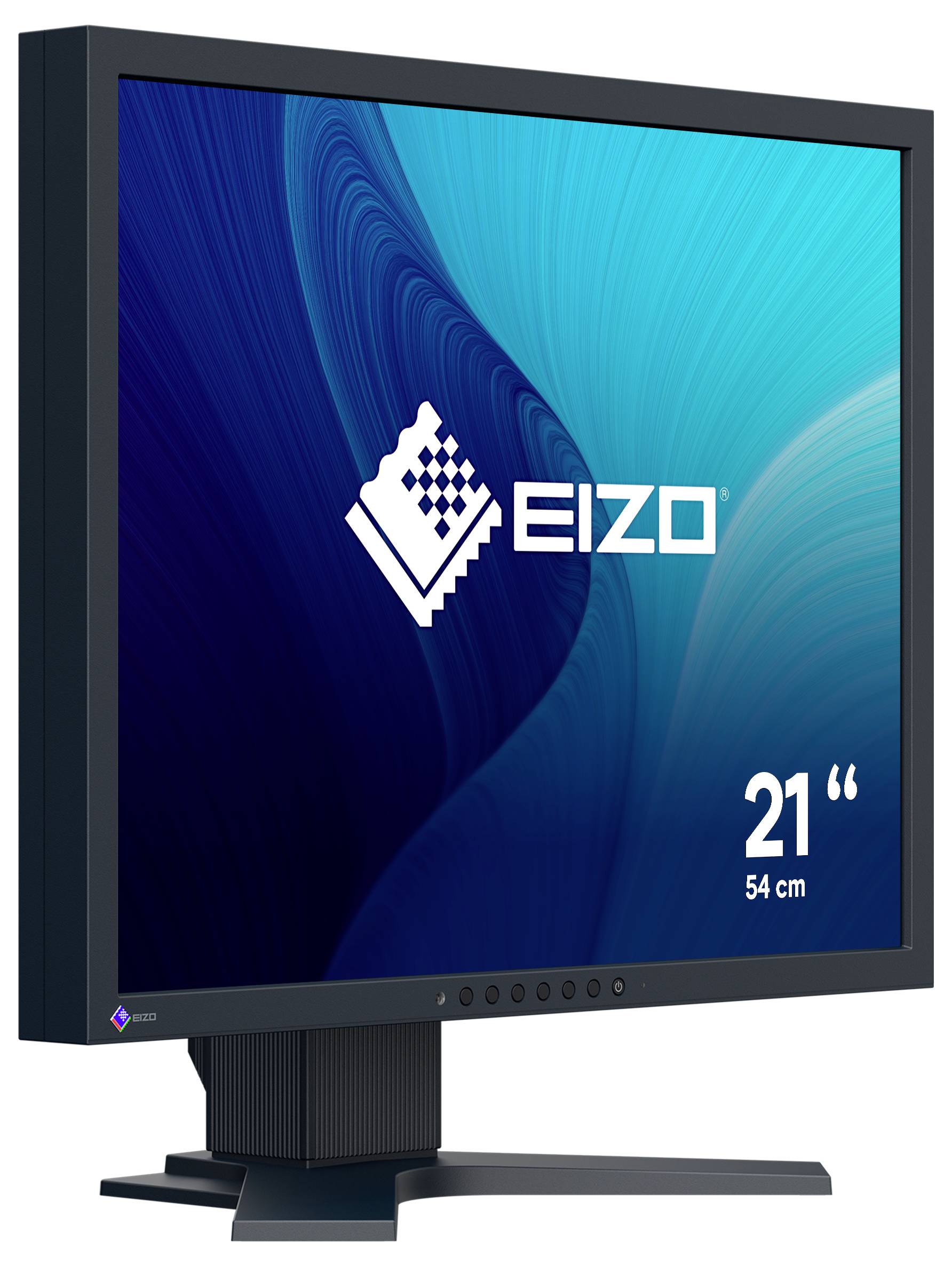 EIZO 21palcový monitor s modrým obrazovkou branding a štítkem velikosti '21" 54 cm'.
