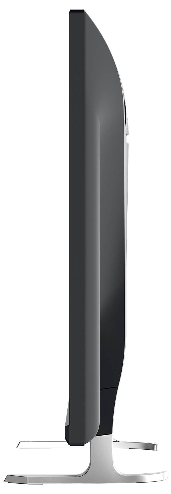 Boční pohled na elegantní černý all-in-one stolní počítač na stříbrném stojanu.