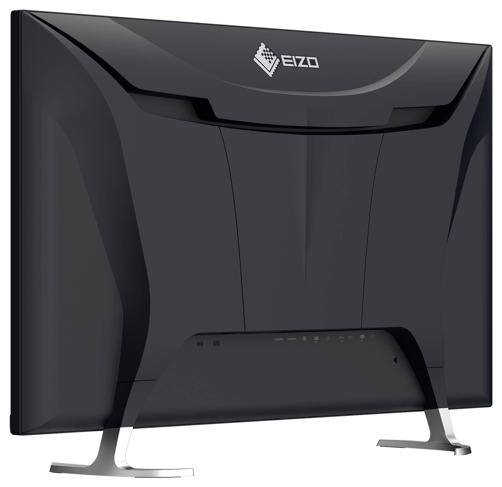 Černý počítačový monitor EIZO zobrazený zezadu na bílém pozadí, s oblým zadním pouzdrem a stříbrným stojanem.