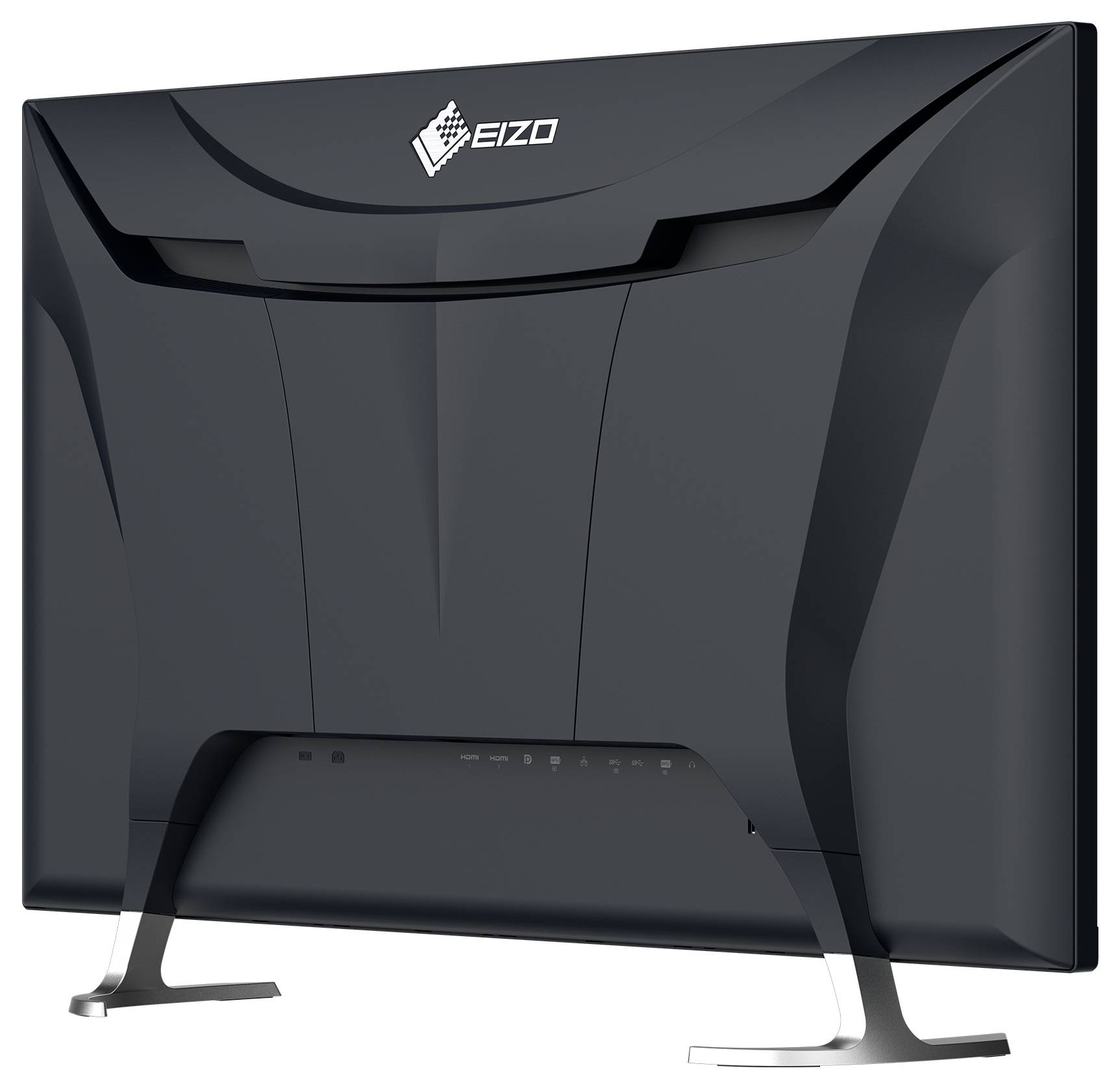 Zadní pohled na stolní monitor EIZO s tmavě zakřiveným zadním dílem a stříbrným stojanem na bílém pozadí.