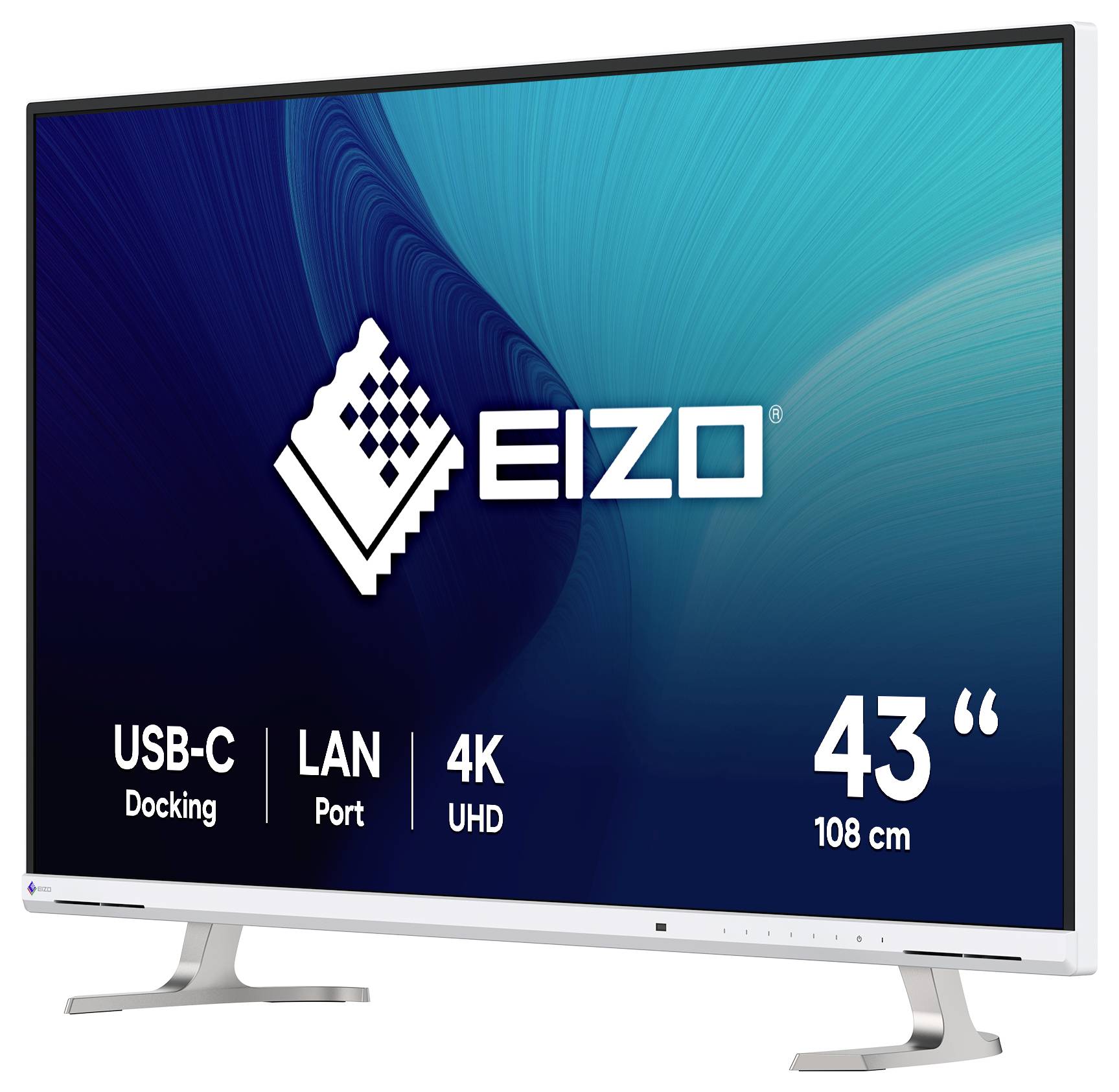 EIZO 43palcový 4K UHD monitor s USB-C dokovací stanicí a portem LAN, zobrazený na stojanu.