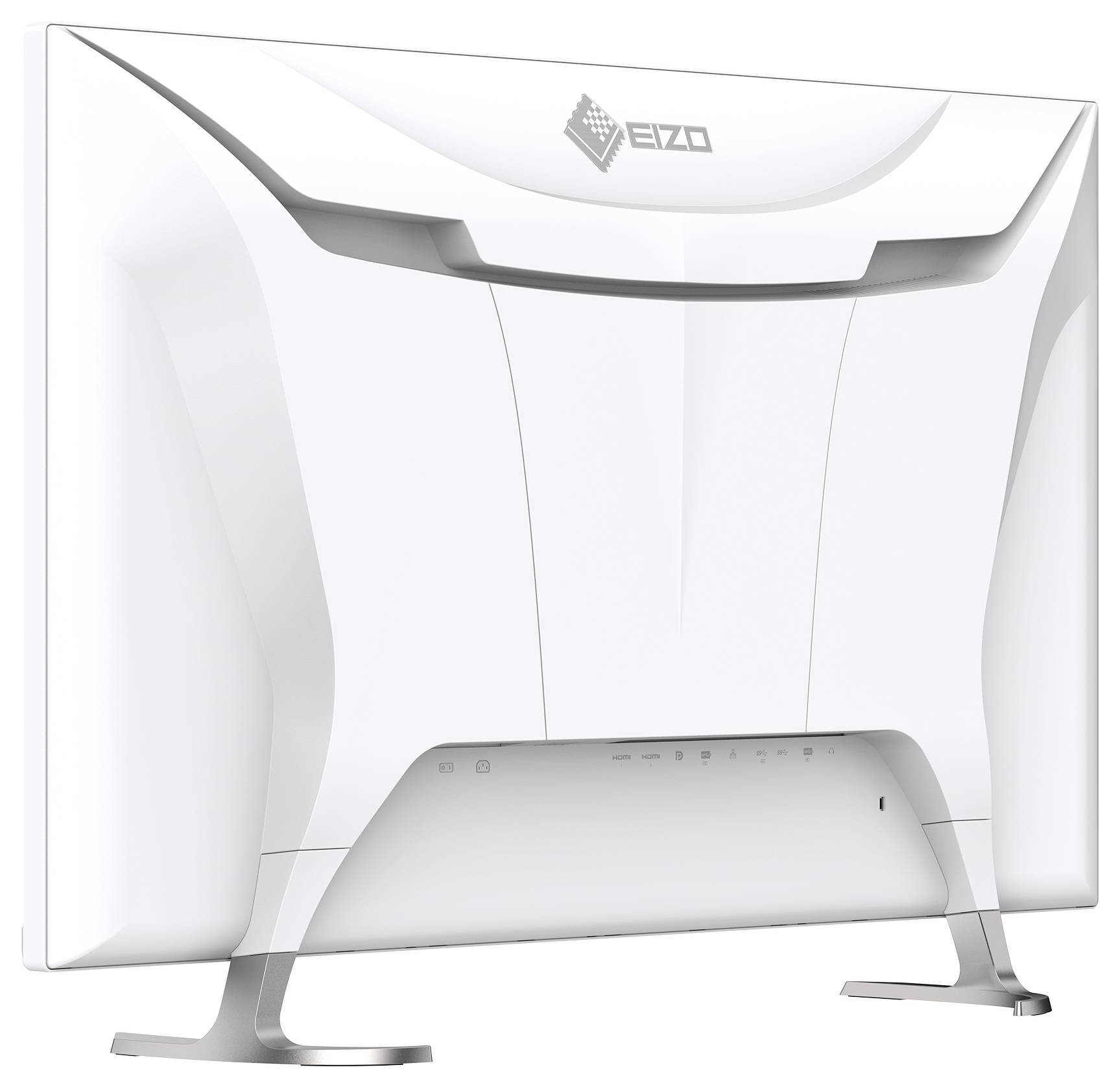 Bílý počítačový monitor EIZO zobrazený zezadu na stojanu se štíhlým zakřiveným designem a viditelným logem značky.