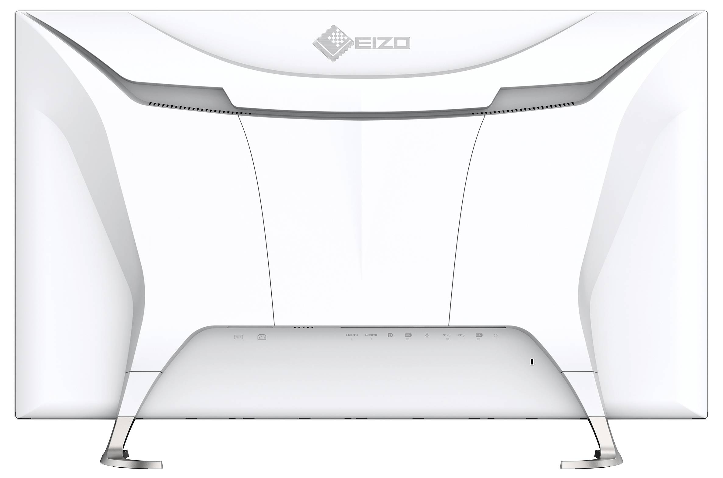 Zadní pohled na bílý monitor EIZO se zakřiveným podstavcem na jednolitém pozadí.
