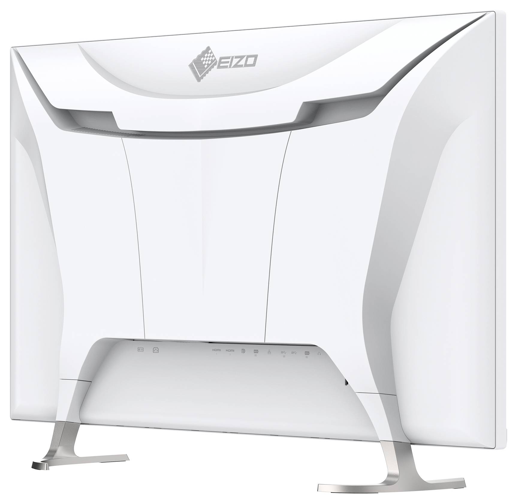Zadní pohled na bílý monitor EIZO s mírně zakřiveným stříbrným stojanem na jednoduchém pozadí.