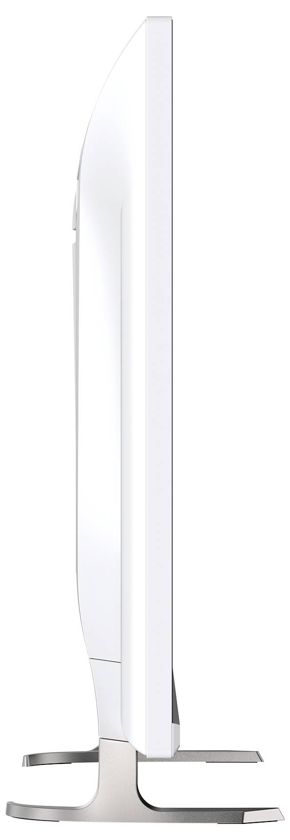 Boční pohled na elegantní bílý monitor s plochou obrazovkou na stříbrném stojanu, ukazující jeho tenký profil a zakřivenou zadní stranu.