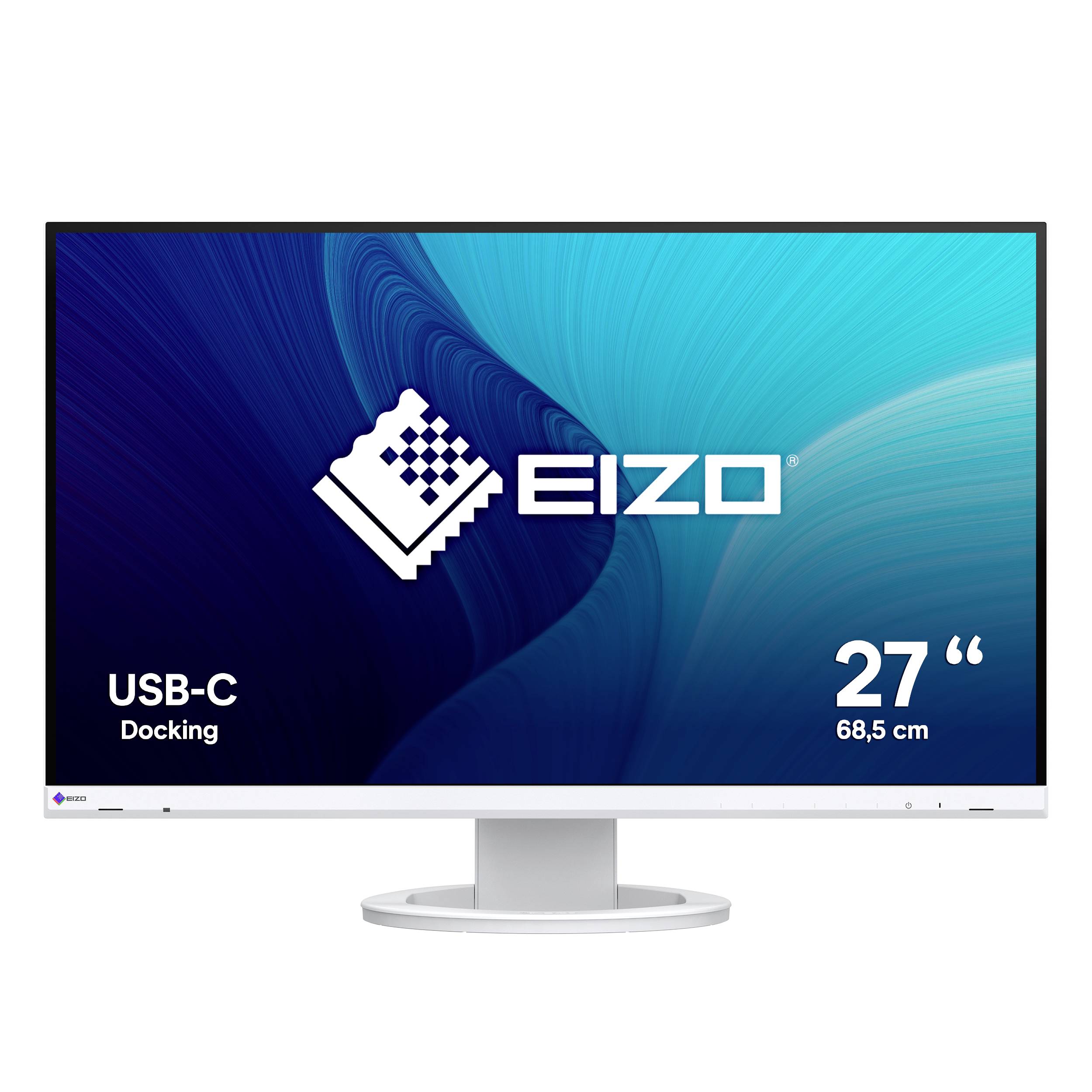 EIZO 27palcový monitor s reklamou ukazující "USB-C Docking" a 68,5 cm displej na stojanu s modrým abstraktním pozadím.