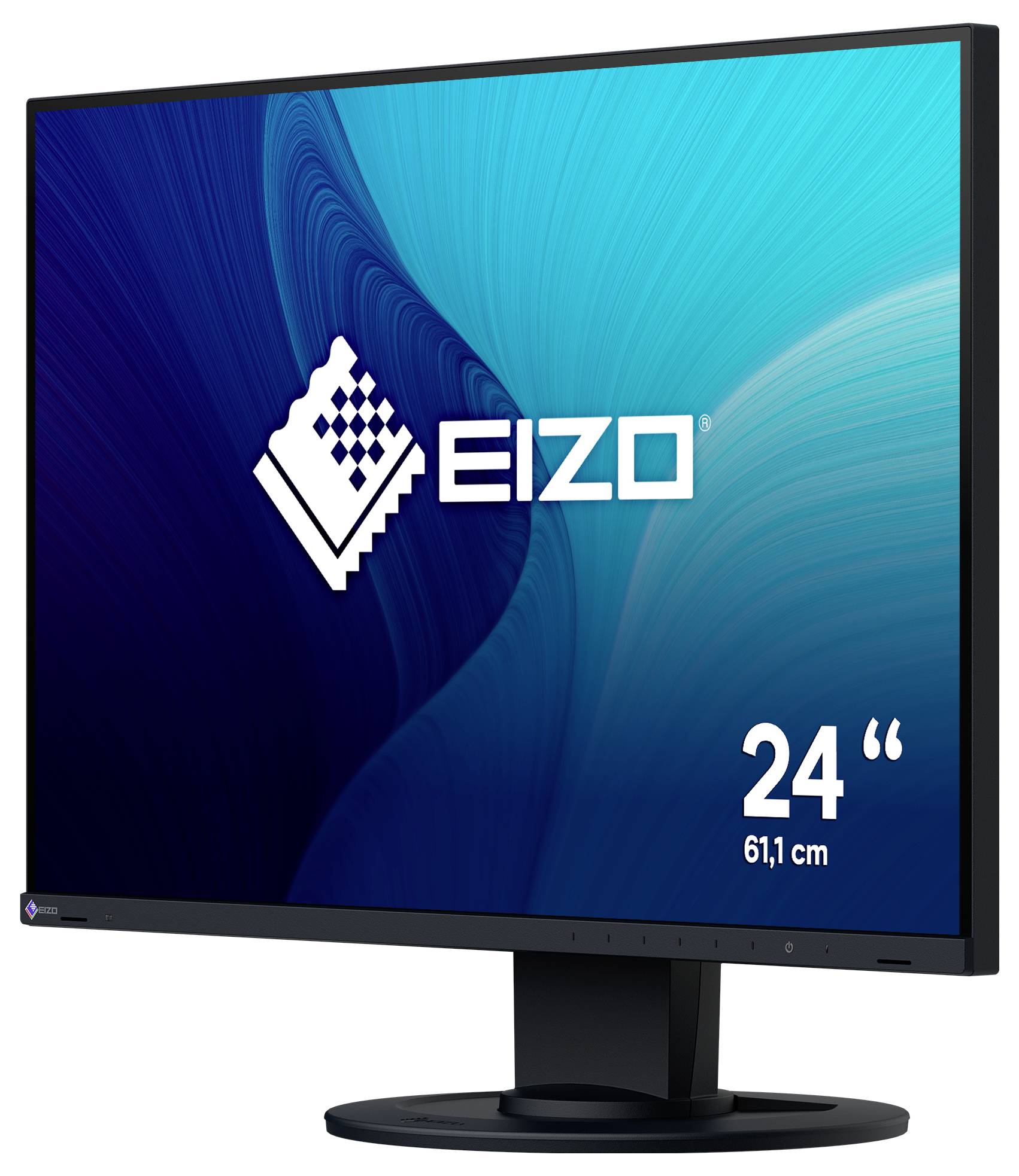 Monitory EIZO pro pracovní plochu zobrazený v šikmém pohledu, označený 24" (61,1 cm), s modrou obrazovkou a stojanem.