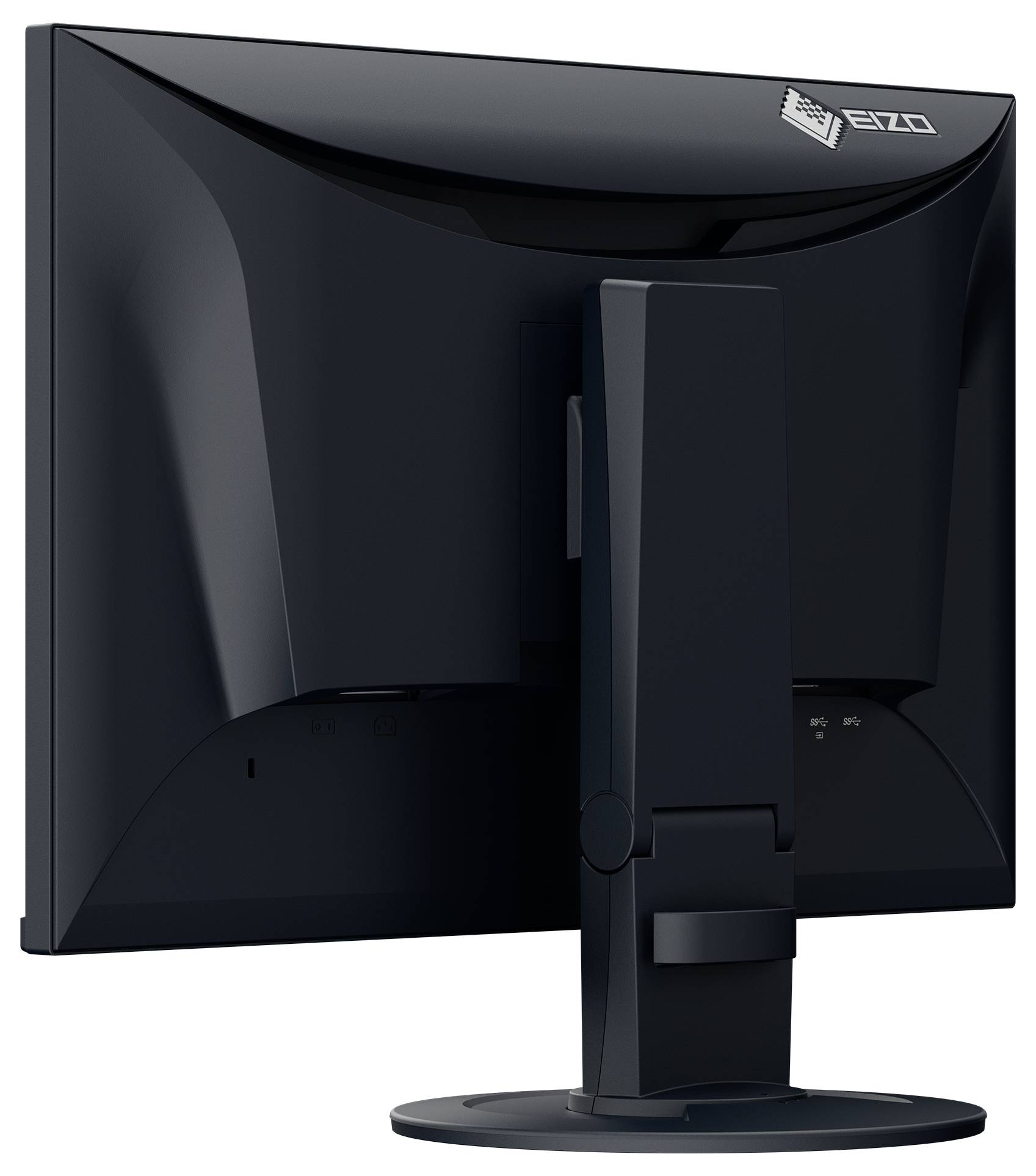 Černý počítačový monitor EIZO zobrazený zezadu na stojanu, s minimalistickým designem a logem v pravém horním rohu.