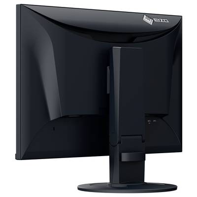 Černý počítačový monitor EIZO zobrazený zezadu na stojanu, s minimalistickým designem a logem v pravém horním rohu.