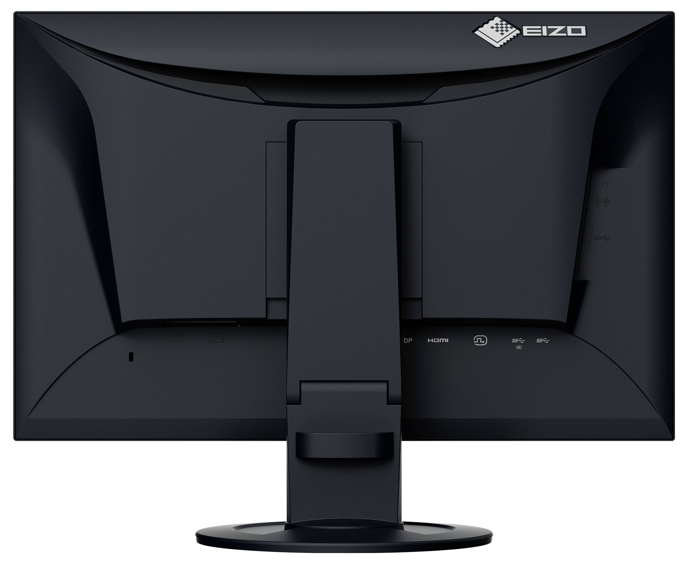 Zadní pohled na černý počítačový monitor EIZO na stojanu, ukazující zadní panel a porty kabelů na bílém pozadí.
