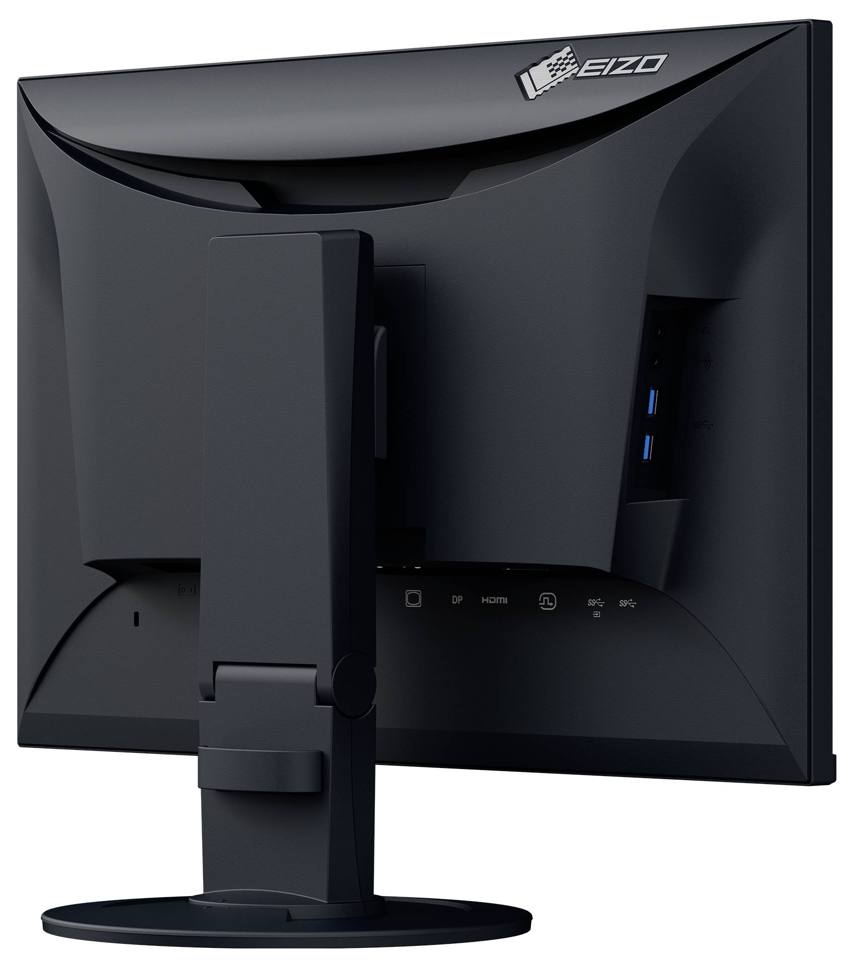 Zadní pohled na černý počítačový monitor EIZO na stojanu, zobrazující boční porty USB a zakřivenou zadní konstrukci.