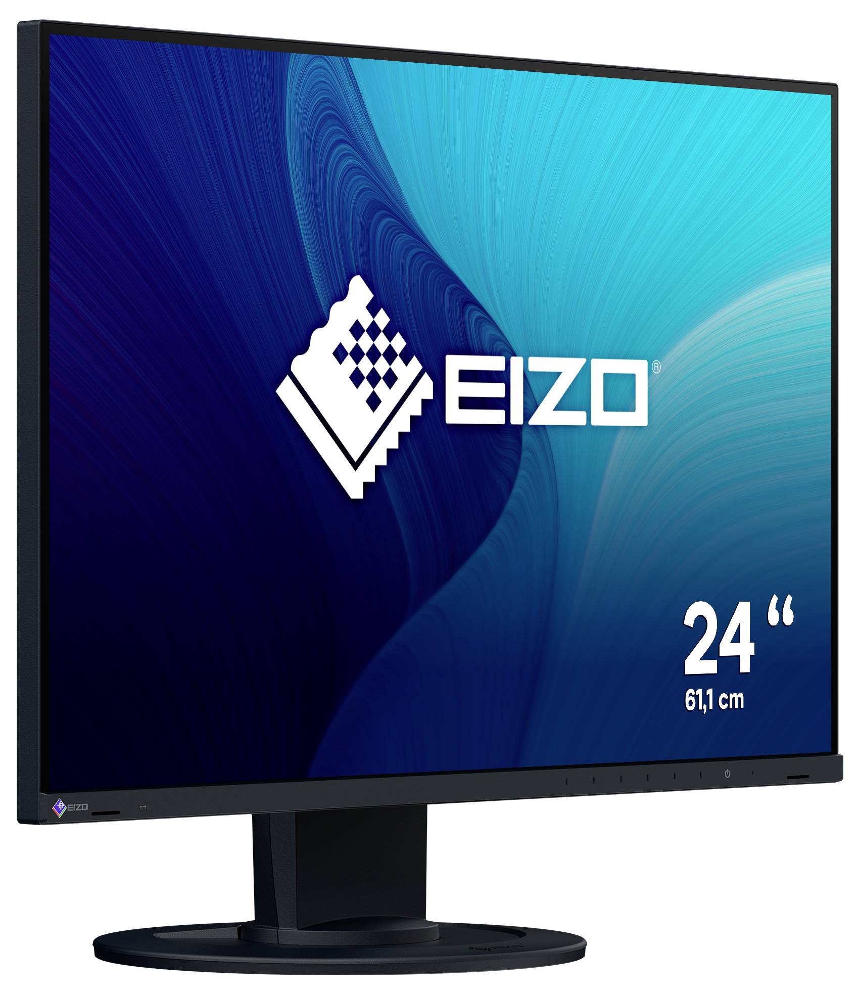 EIZO 24palcový počítačový monitor s modrým grafickým obsahem na obrazovce a stojánem, zobrazen jako produktová fotografie.