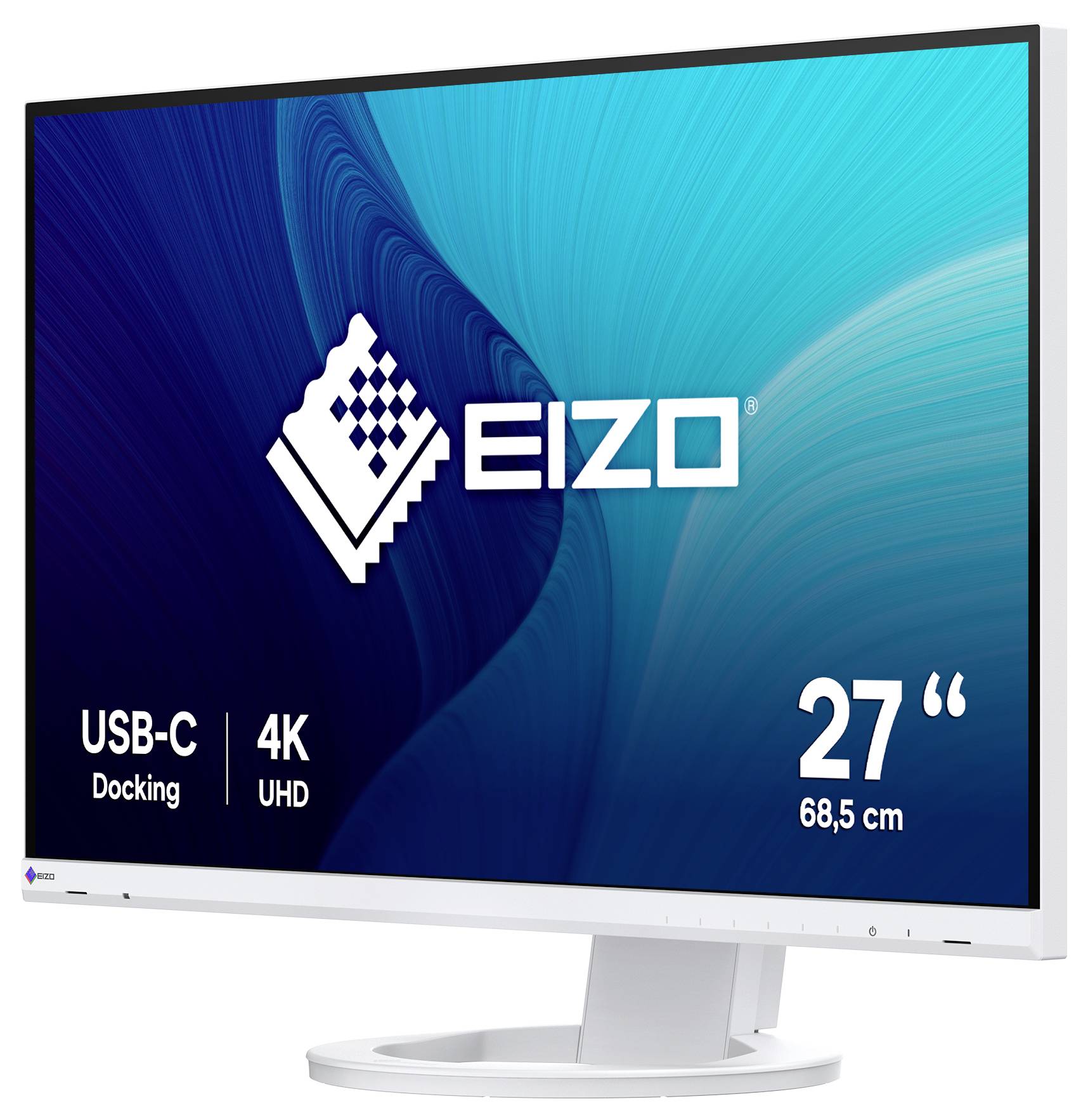 EIZO 27palcový 4K UHD USB-C dokovací monitor zobrazený na stojanu s logem EIZO a velikostí "27" a "68,5 cm" na obrazovce.