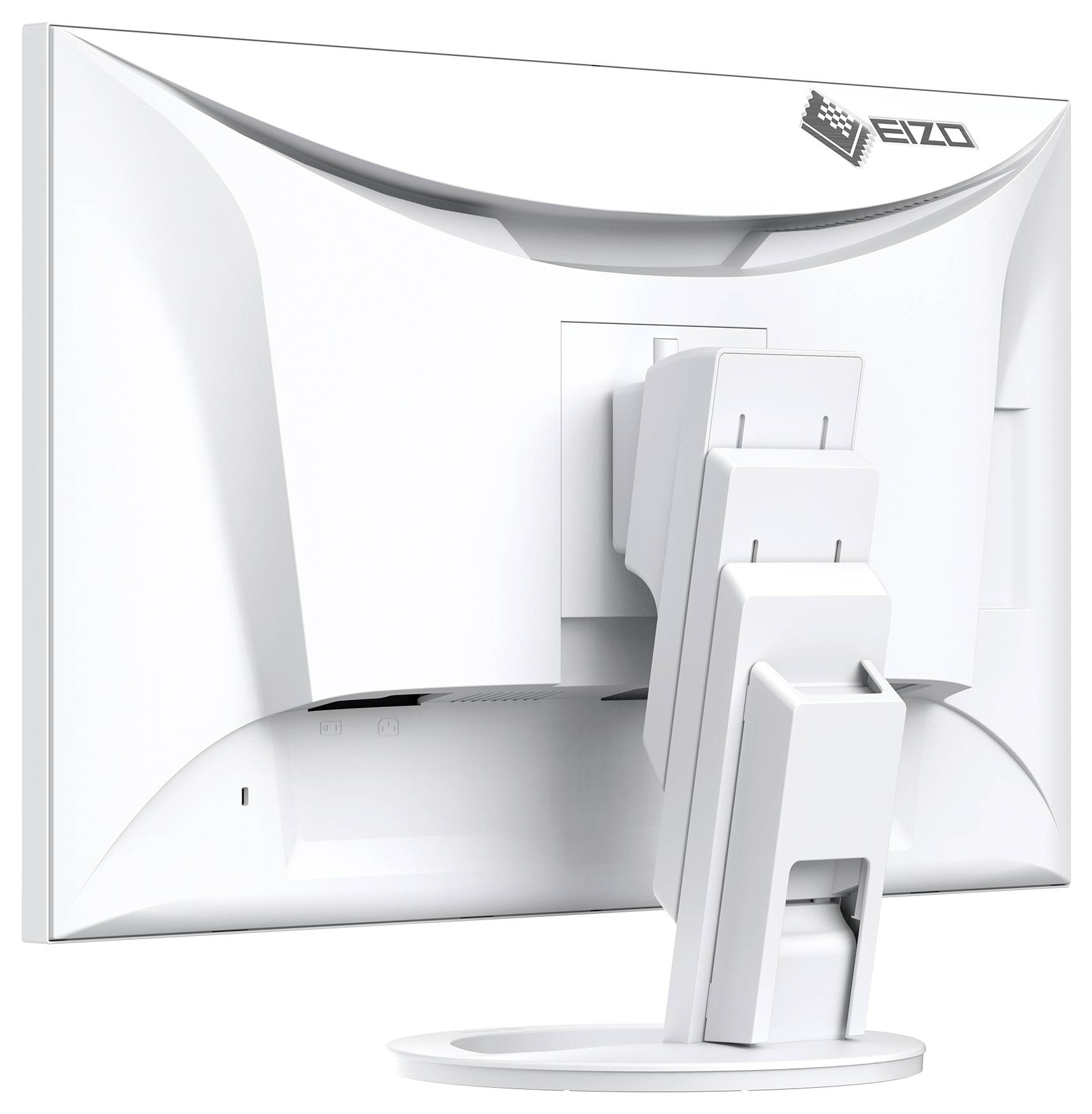 Bílý monitor EIZO zobrazený zezadu s víceislučným stojanem a otevíráním pro kabely, ilustrující ergonomický hardware displeje.