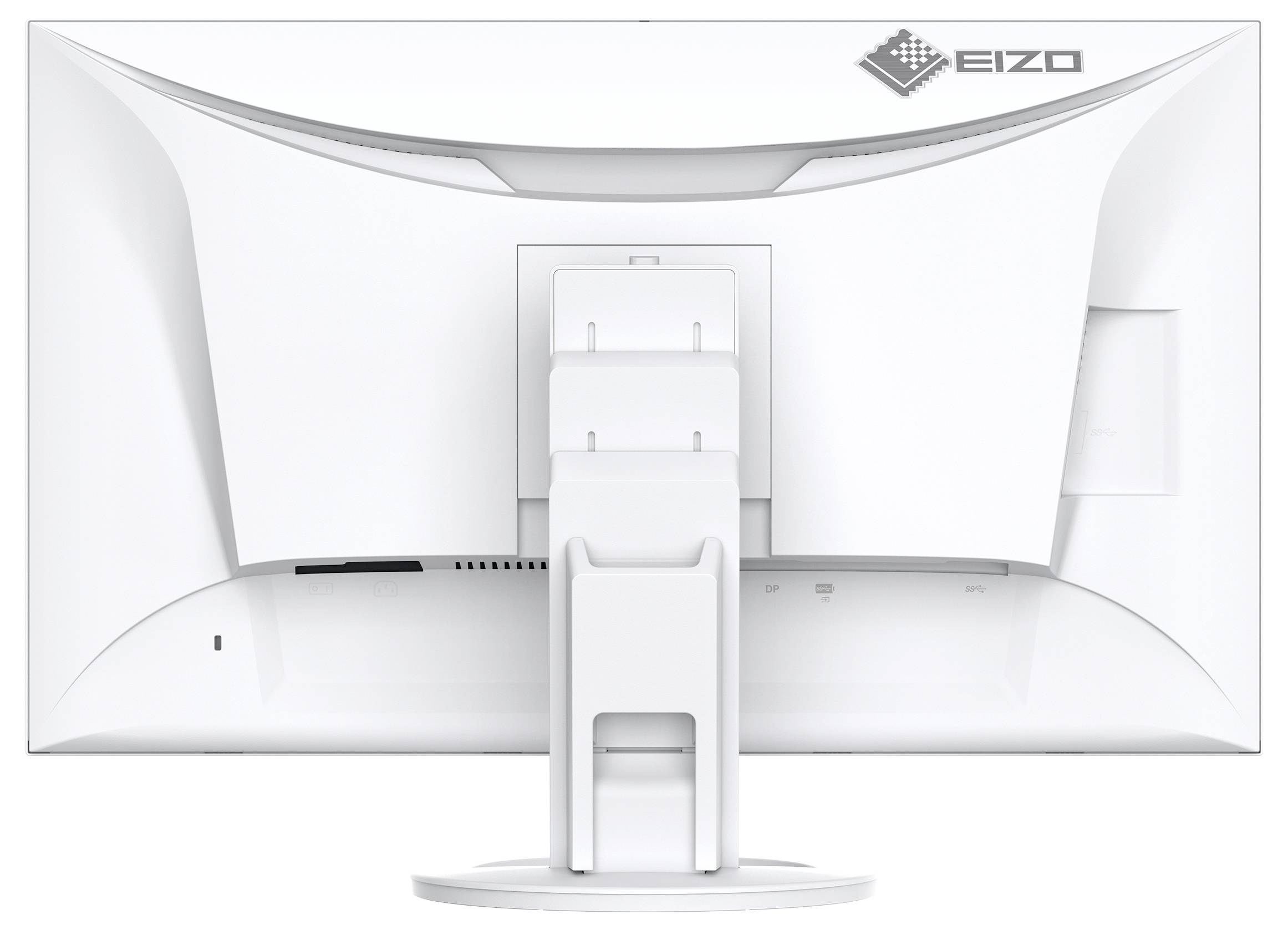 Zadní pohled na bílý počítačový monitor EIZO na stojanu zobrazující zadní panel a logo.