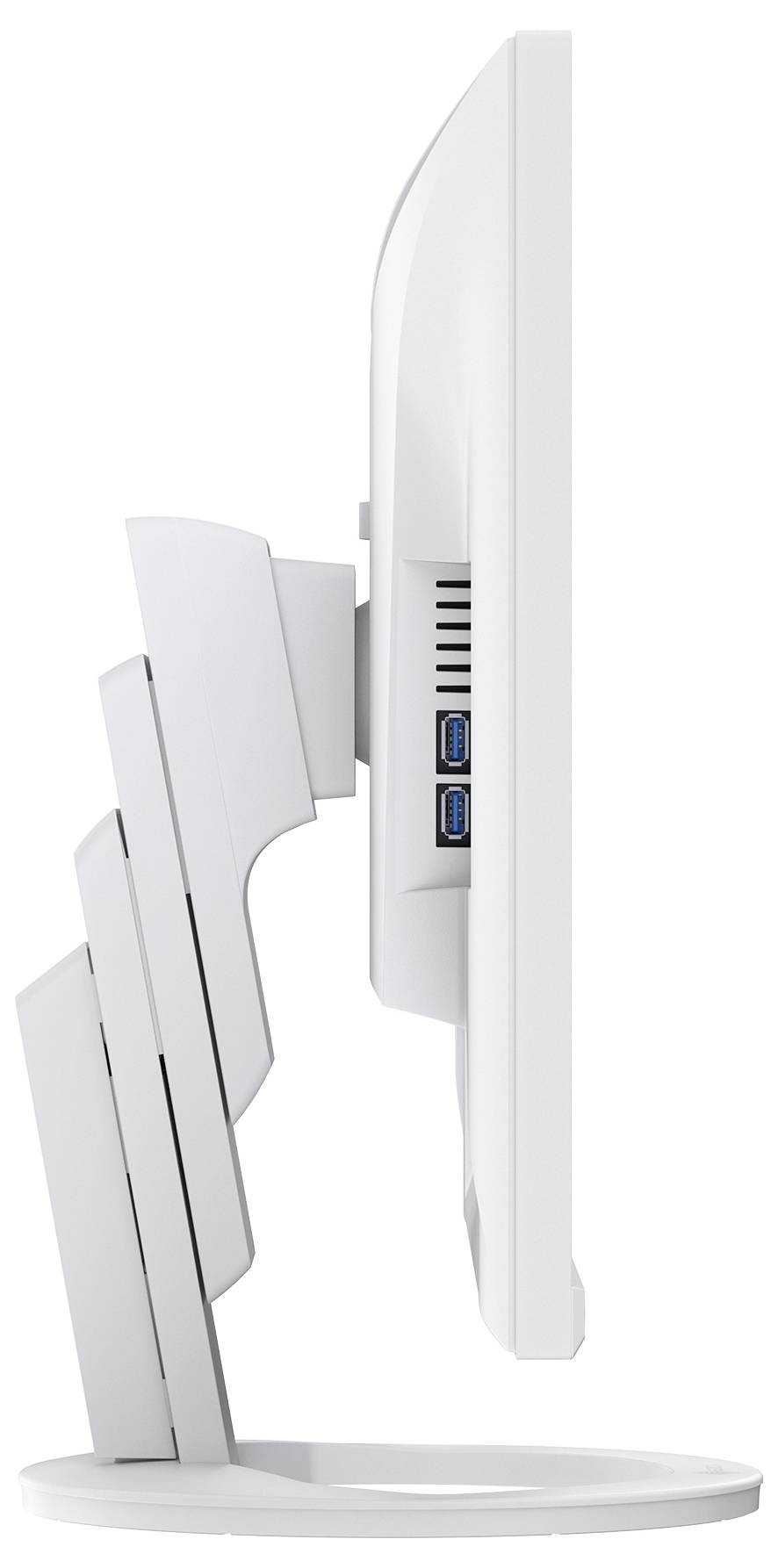 Boční pohled na bílý všestranný stolní počítač na stojanu, ukazující tenký profil monitoru a dva porty USB na zadní straně.