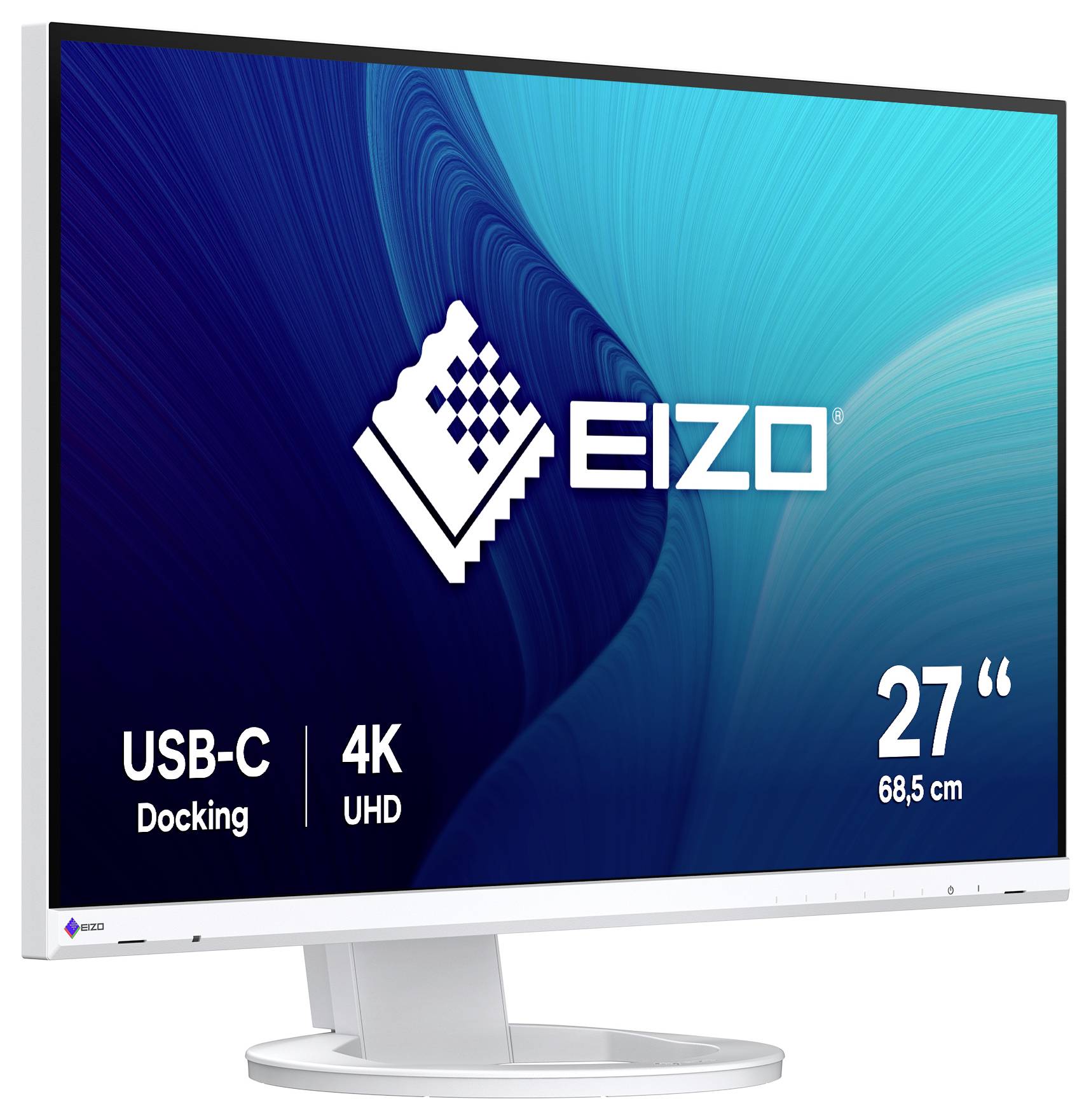 Monitor EIZO 27 palců 4K UHD s dokovacím portem USB-C, zobrazen na bílém stojanu.
