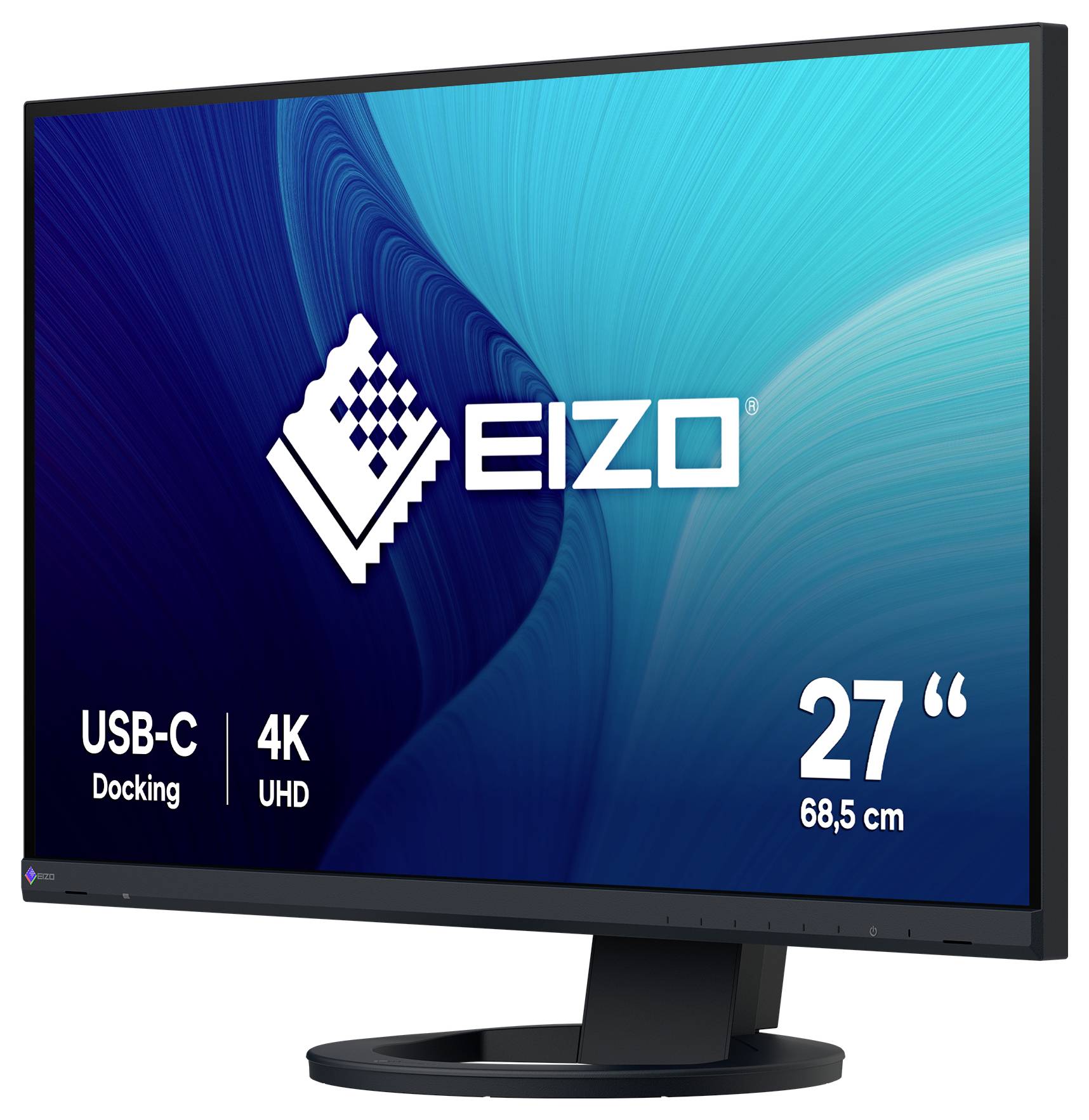 Monitor EIZO 27 palců 4K UHD s USB-C dokovací stanicí, zobrazen na stojanu s modrou grafickou na displeji.