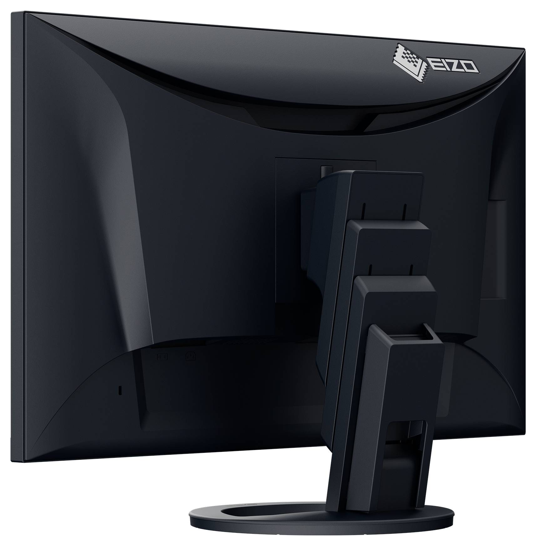Černý plochý monitor EIZO zobrazený zezadu, namontovaný na stojanu s nastavitelným kloubem.