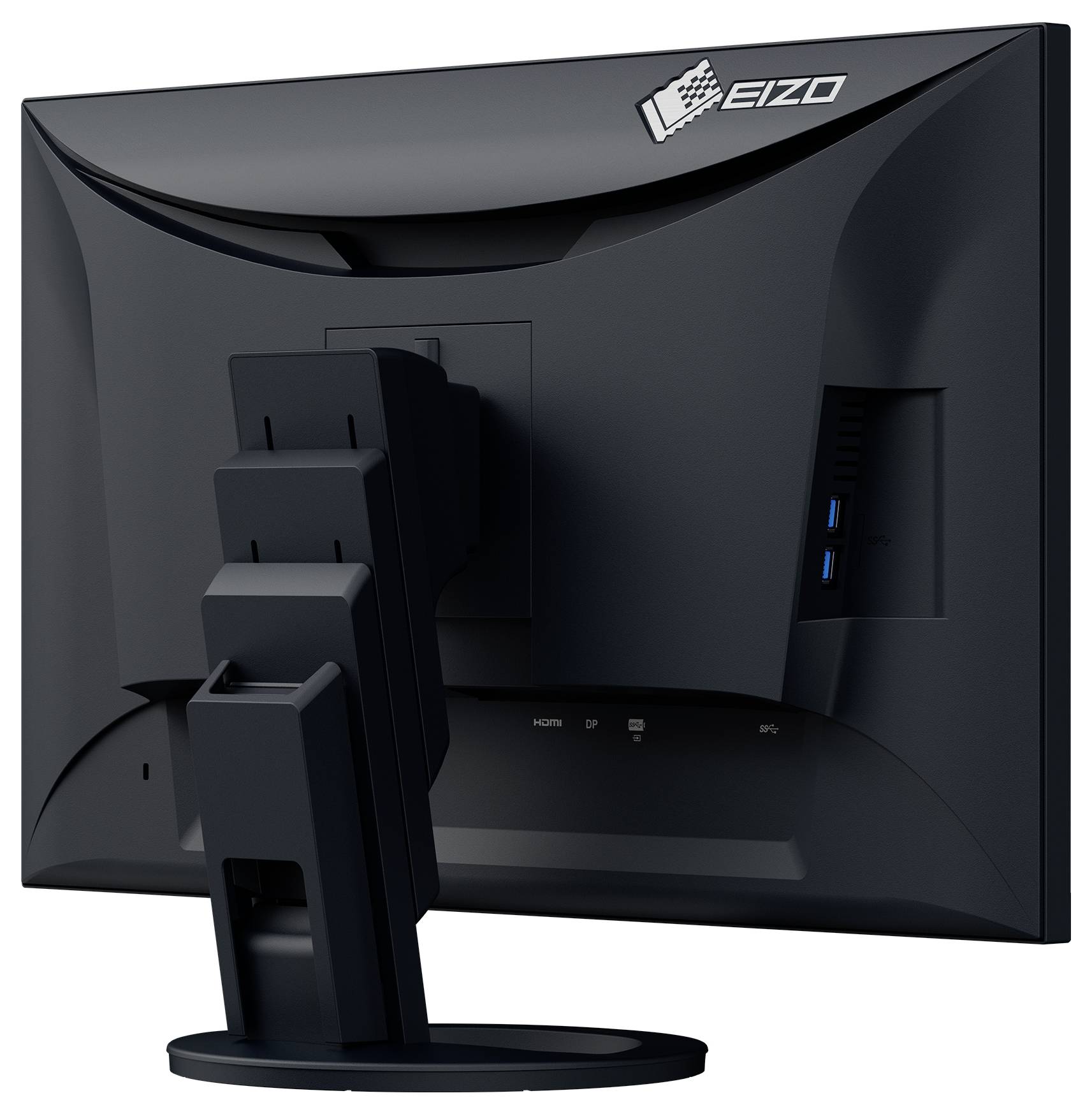 Zadní pohled na stolní monitor EIZO s viditelným stojanem, porty a oblastí pro správu kabelů na bílém pozadí.
