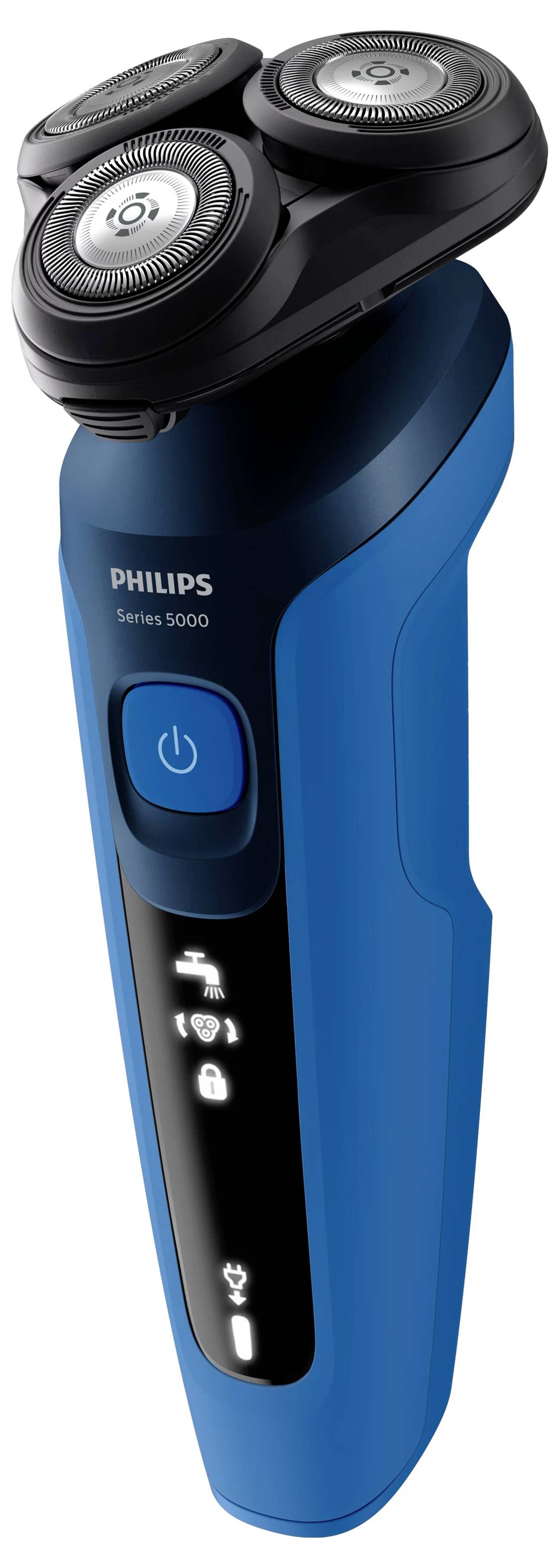 Modrý elektrický holící strojek Philips série 5000 se třemi rotačními hlavicemi a podsvíceným indikátorem napájení/stavu na rukojetí.