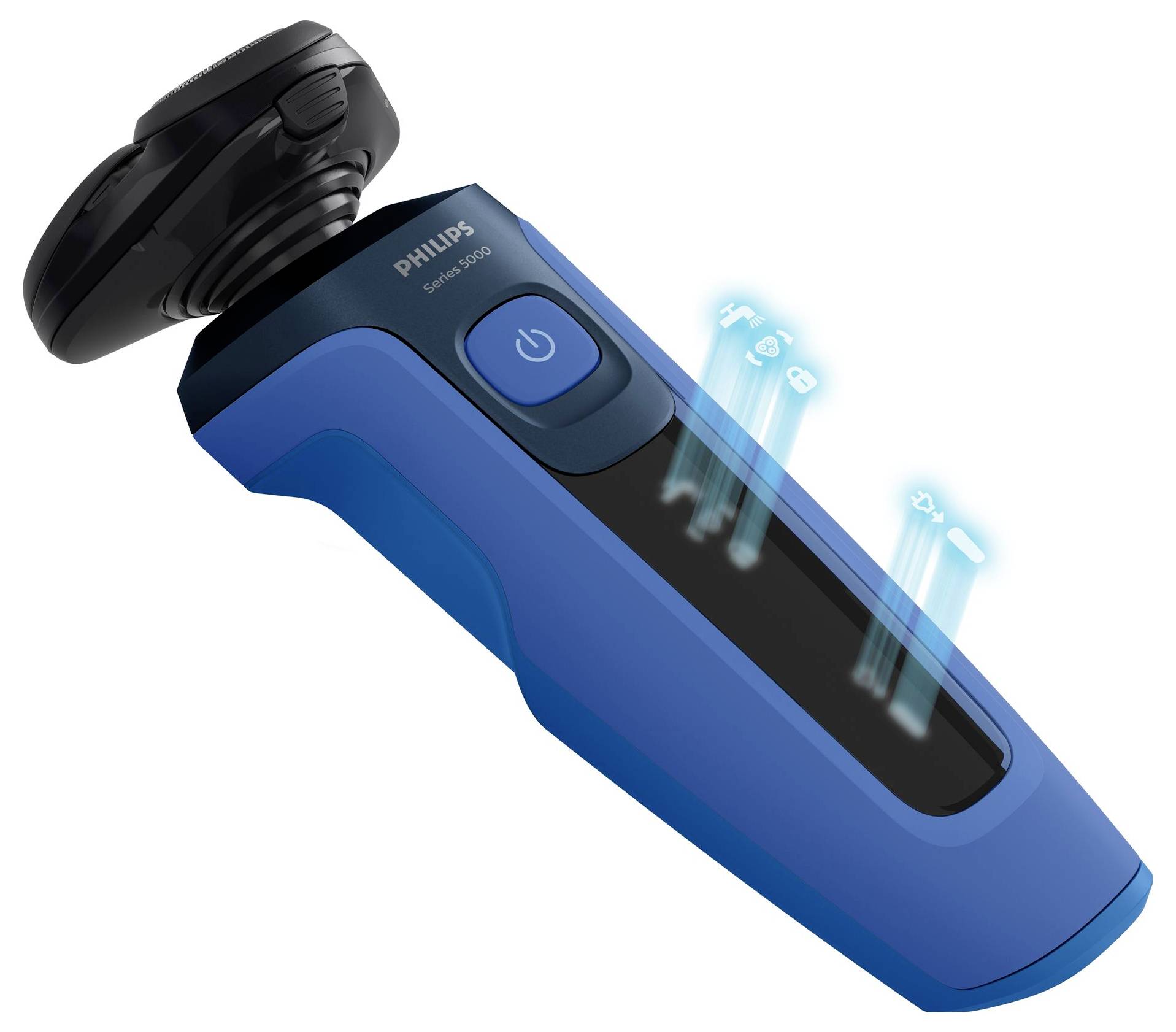Modrý elektrický holící strojek Philips s pohyblivými holícími hlavicemi a osvětleným indikátorem baterie/nabíjení, zobrazený v úhlu na bílém pozadí.