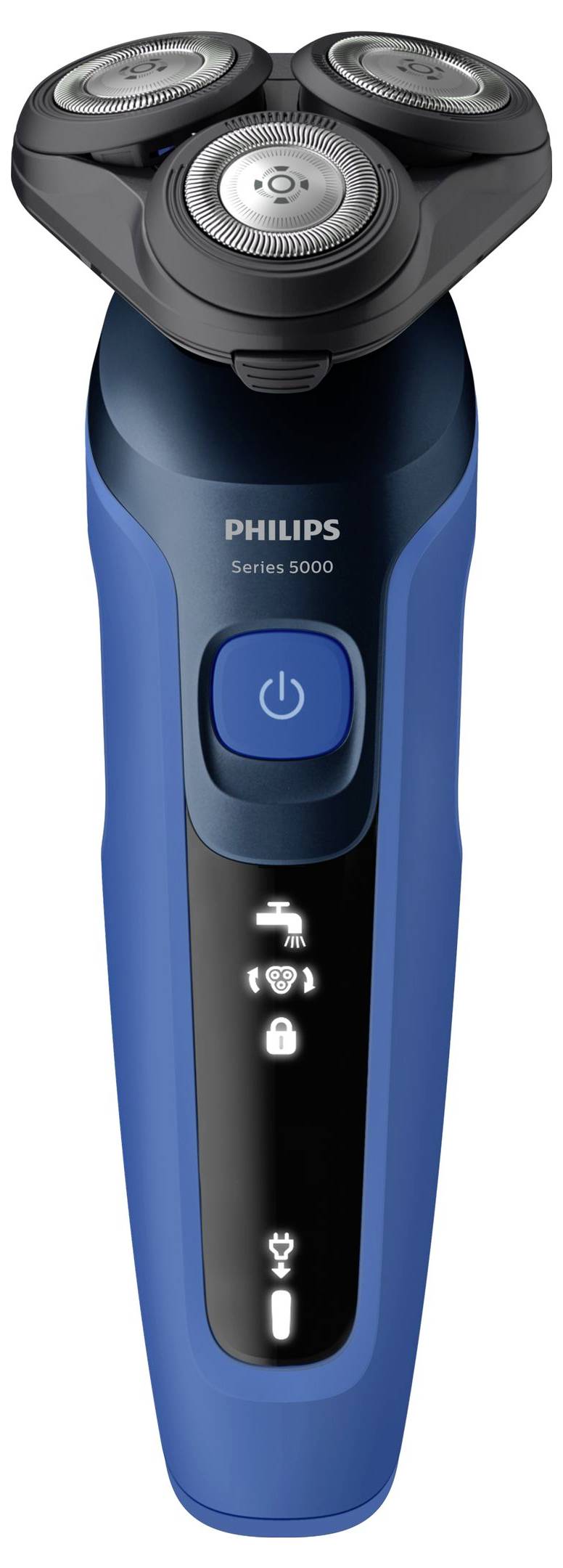 Elektrický holící strojek Philips Series 5000 se třemi rotačními hlavicemi, modrým a černým tělem a osvětlenými indikátory baterie, zámku a čištění.