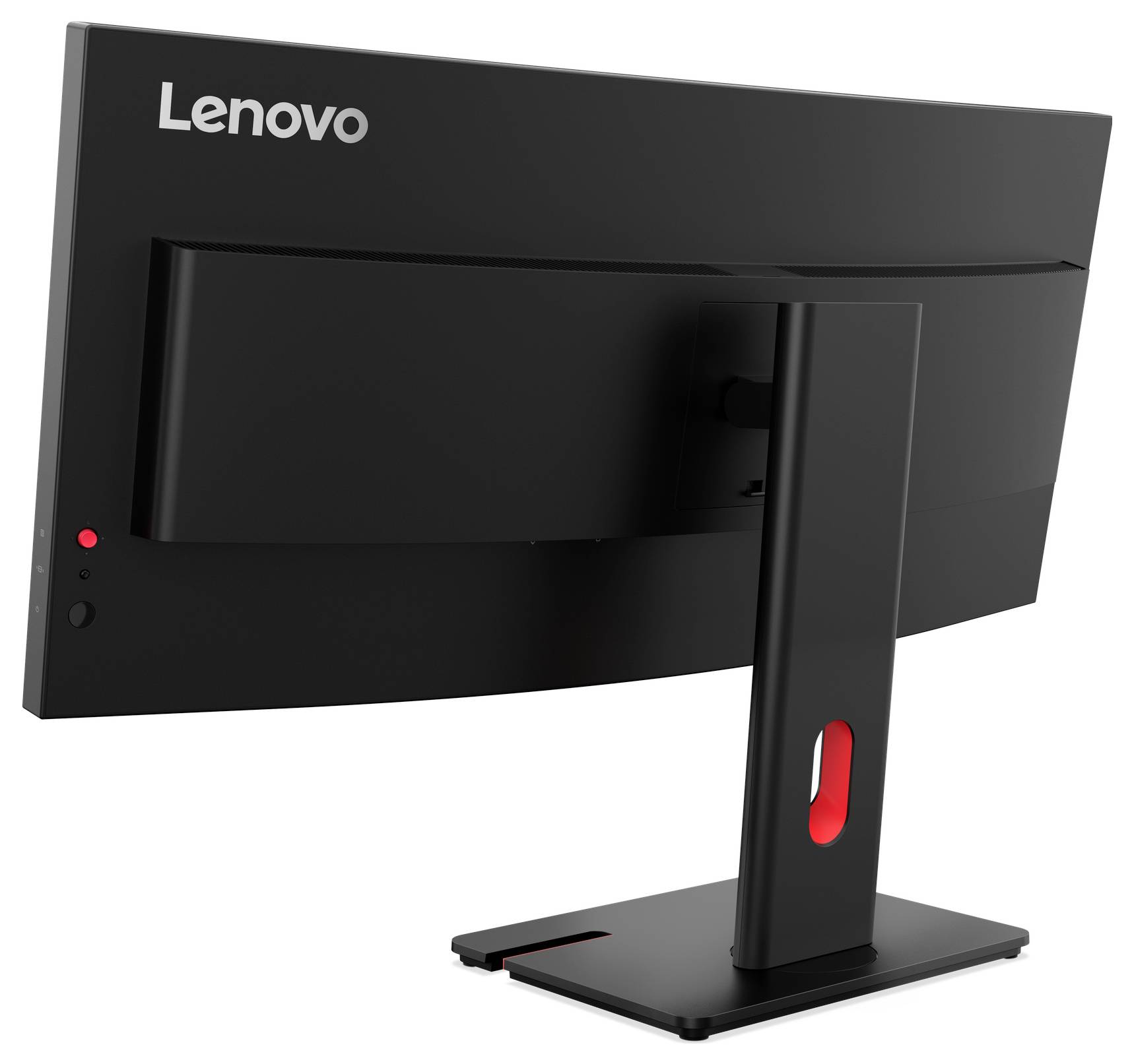 Zadní pohled na černém stolním monitoru Lenovo na stojanu, zobrazující zadní panel, logo a ovládací tlačítka.