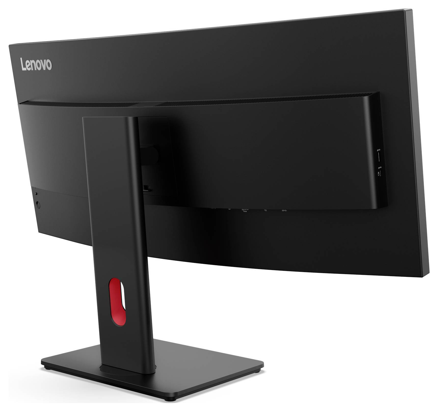 Zadní pohled na monitor počítače Lenovo na černém stojanu s červeným otvorem pro správu kabelů, zobrazen na bílém pozadí.