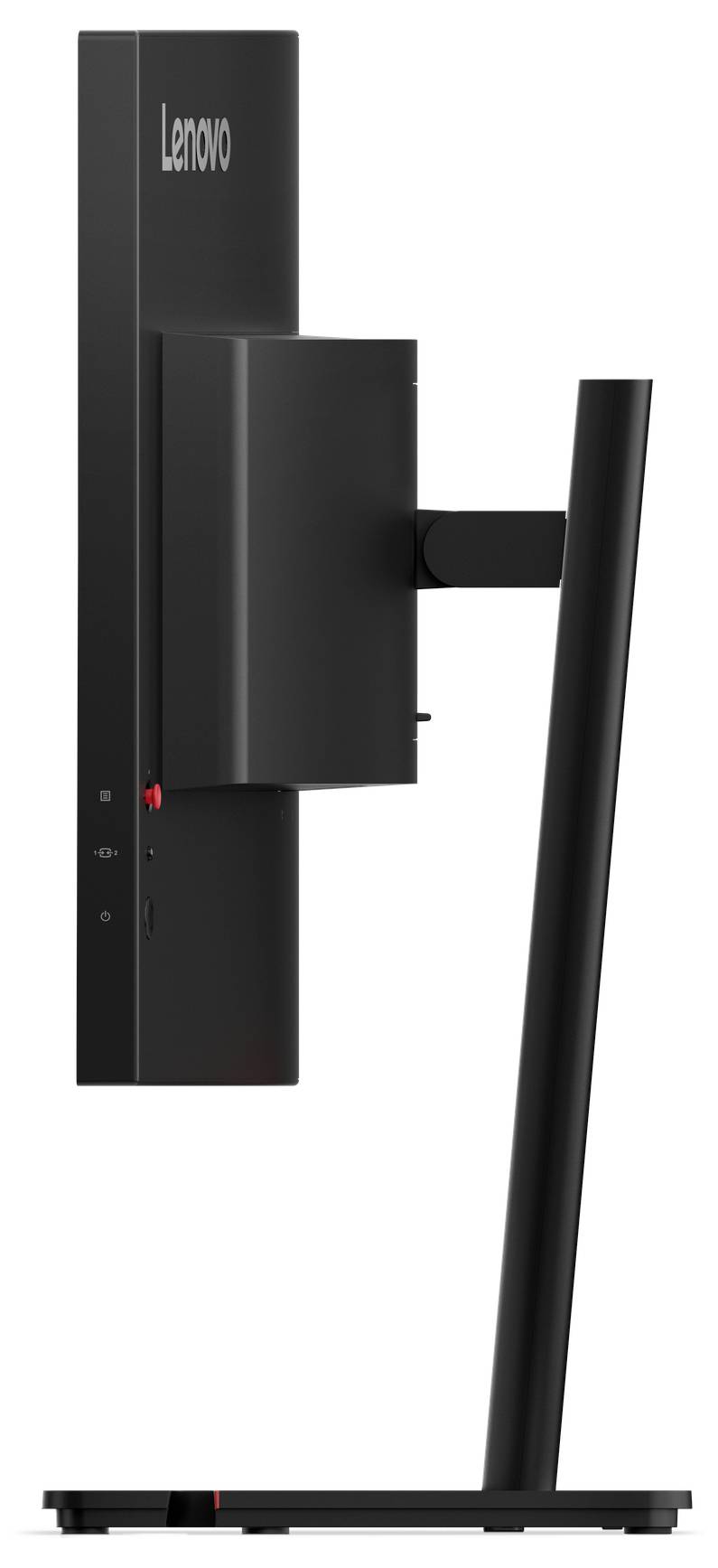 Pohled z boku na všeaplikační monitor Lenovo all-in-one na podstavci, ukazující zadně namontovaný počítačový modul a štíhlou základnu.