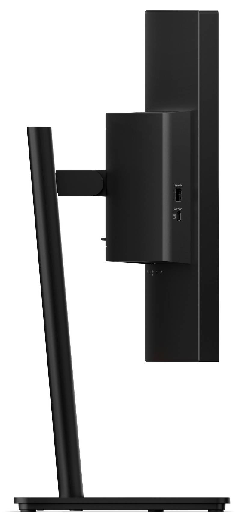 Zadní pohled na černý monitor na stojanu zobrazující rameno k upevnění a zadní panel s porty pro kabely.