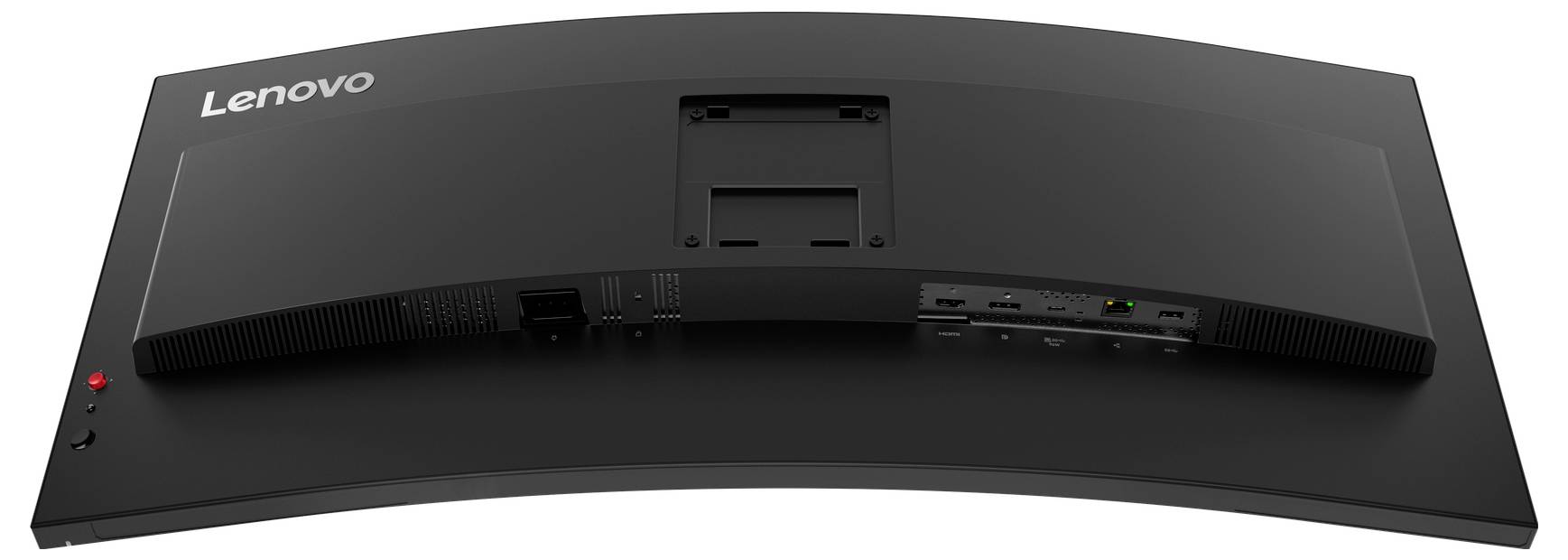 Zadní pohled na zakřivený monitor Lenovo zobrazující větrací štěrbiny, montáž stojanu, porty a kontrolku napájení.