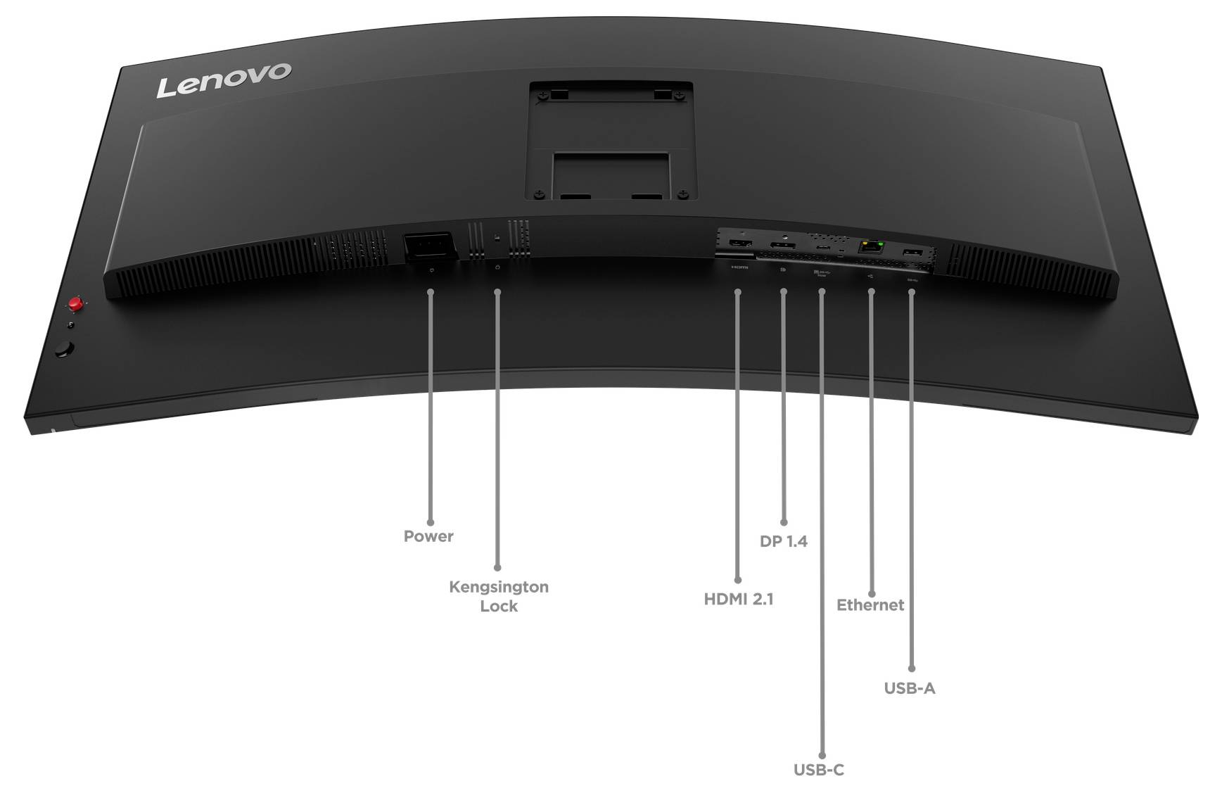 Zadní pohled na monitor Lenovo znázorňující porty a popisky pro napájení, Kensington lock, HDMI 2.1, DP 1.4, USB-C, Ethernet a USB-A.