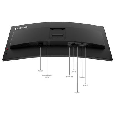 Zadní pohled na monitor Lenovo znázorňující porty a popisky pro napájení, Kensington lock, HDMI 2.1, DP 1.4, USB-C, Ethernet a USB-A.