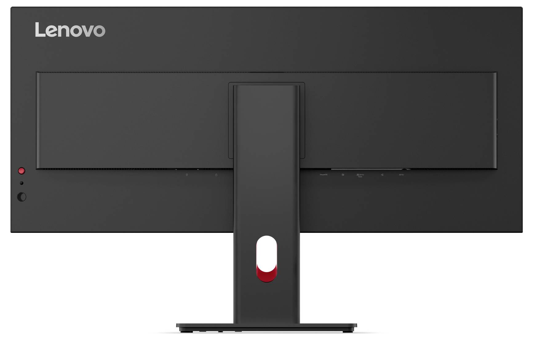 Zadní pohled na monitor Lenovo v širokouhlém formátu se středovým stojanem a malou červenou indikátorkou napájení na levé straně.