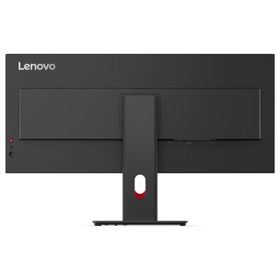 Zadní pohled na monitor Lenovo v širokouhlém formátu se středovým stojanem a malou červenou indikátorkou napájení na levé straně.
