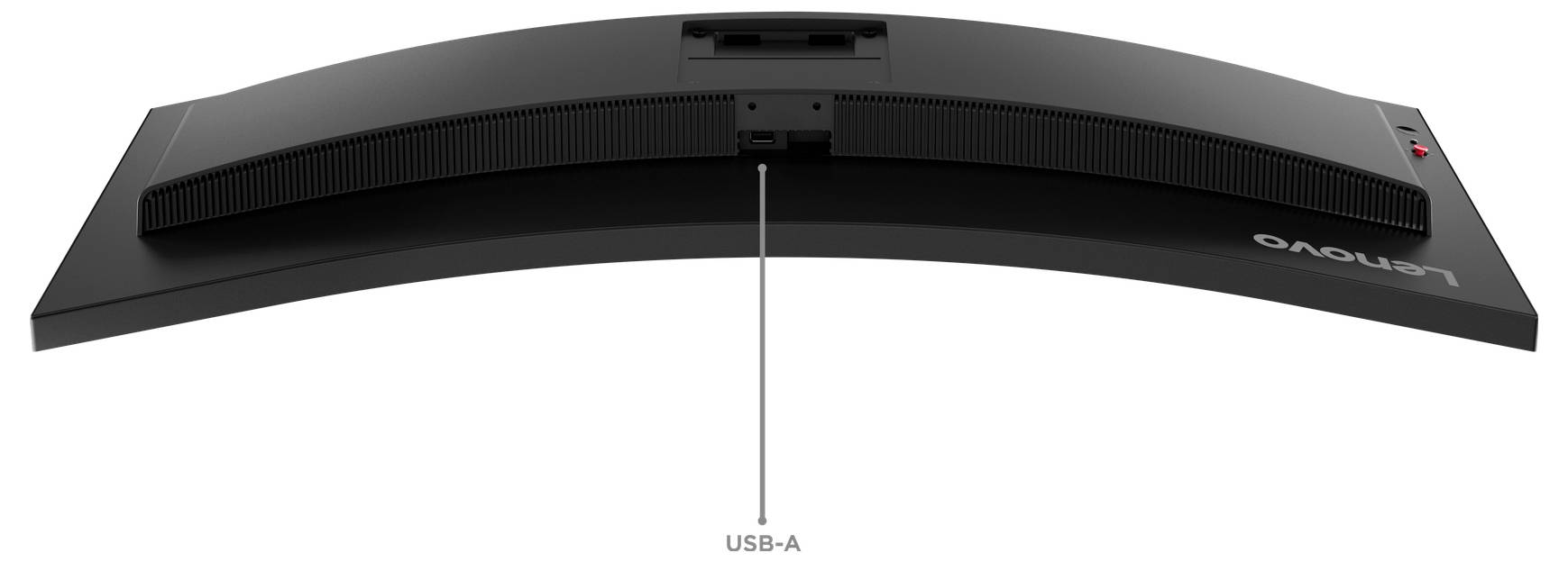 Zakřivený monitor Lenovo, pohled zezadu s portem USB-A označeným uprostřed dna.