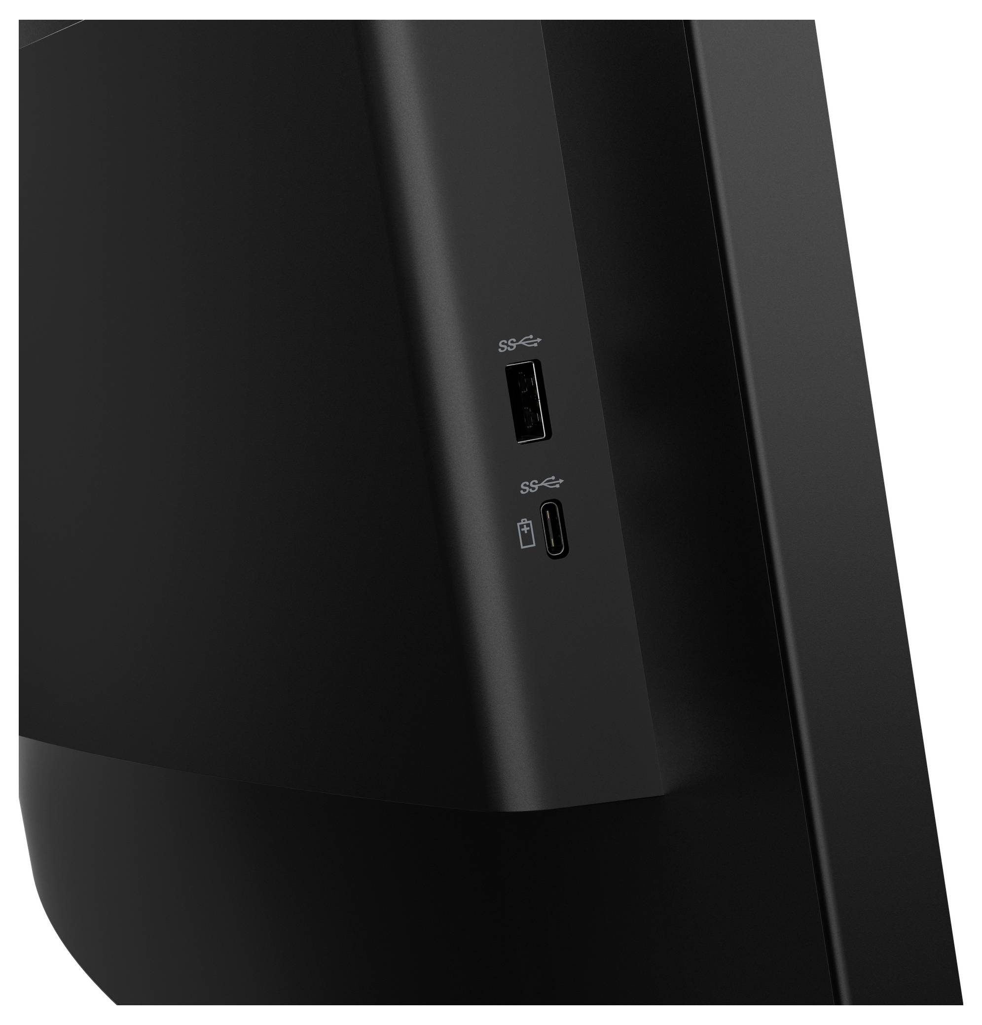 Detailní záběr přední strany černého zařízení zobrazující dva porty: port USB-A výše a port USB-C níže, oba označené ikonami USB.